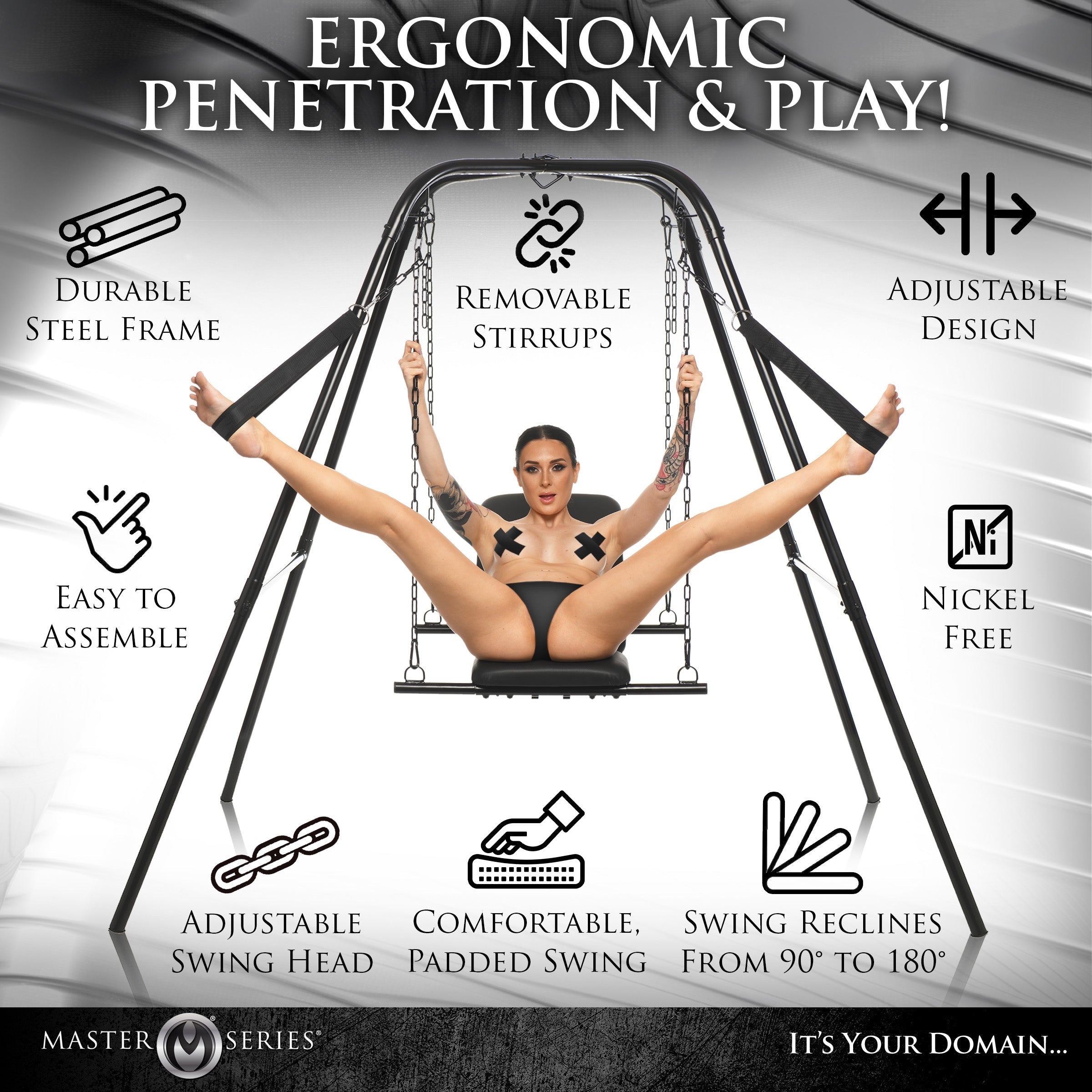 Promotional flyer for the Throne Adjustable Sex Swing