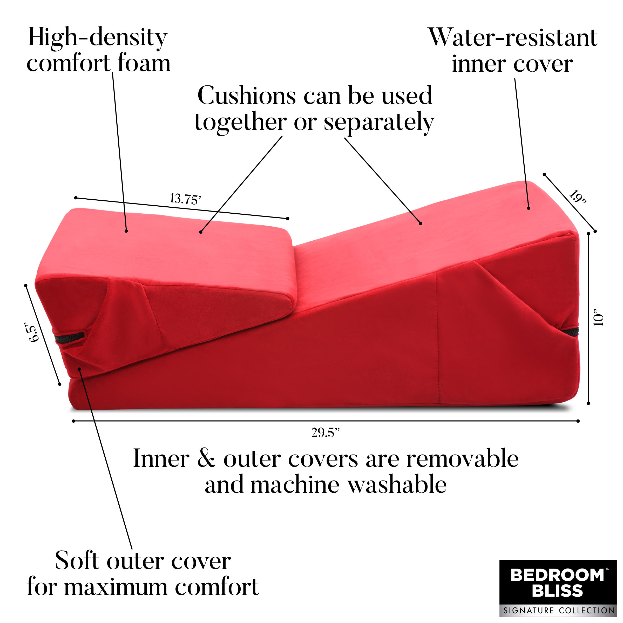 'Love Cushion Set' with dimensions displayed next to a cozy bedroom setting