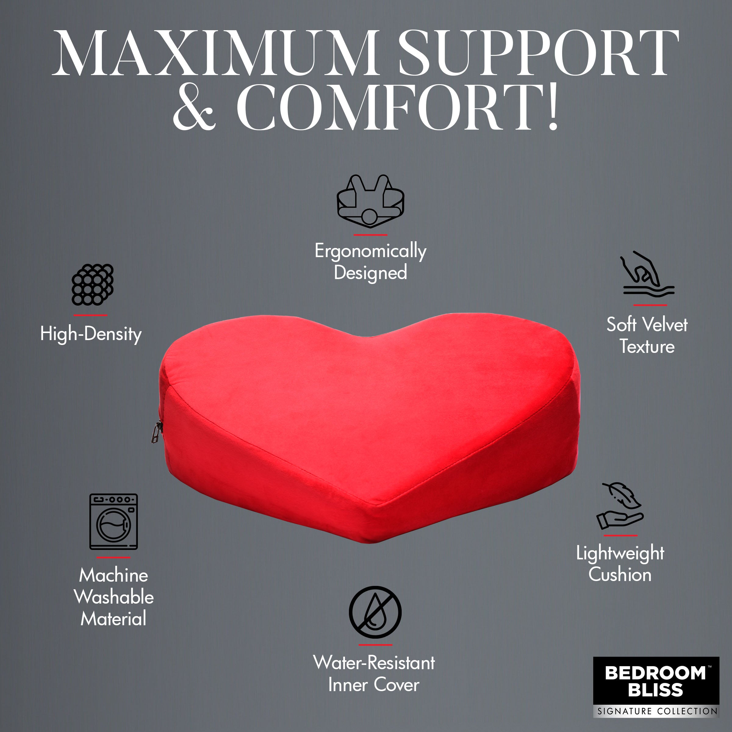 Ergonomic heart-shaped red cushion for comfort