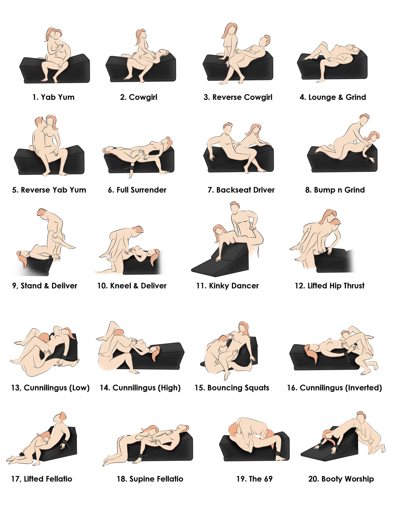 Instructional poster illustrating various uses for the bondage cushion set