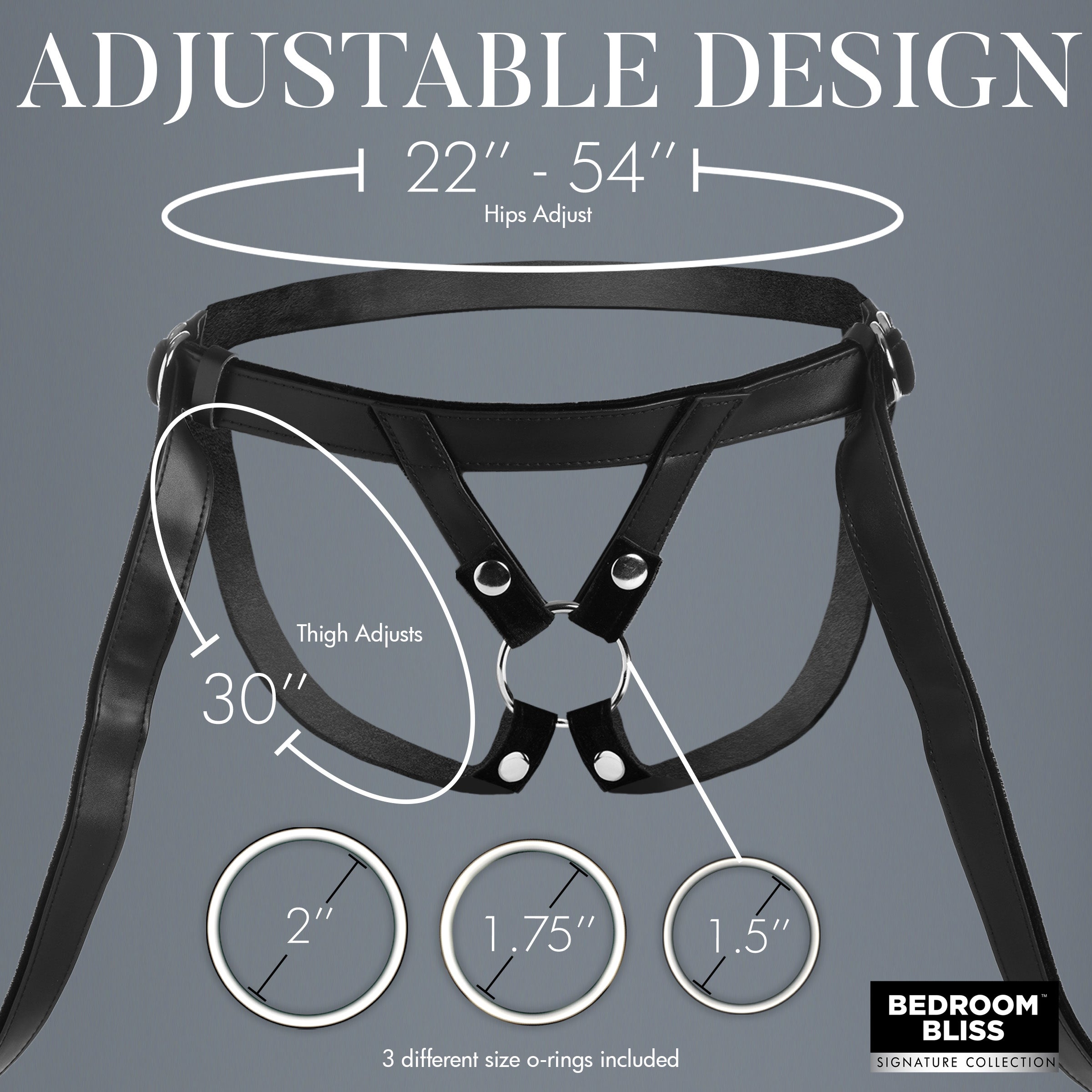 Detailed view of the Velvet Kiss Strap-on Harness with size measurements