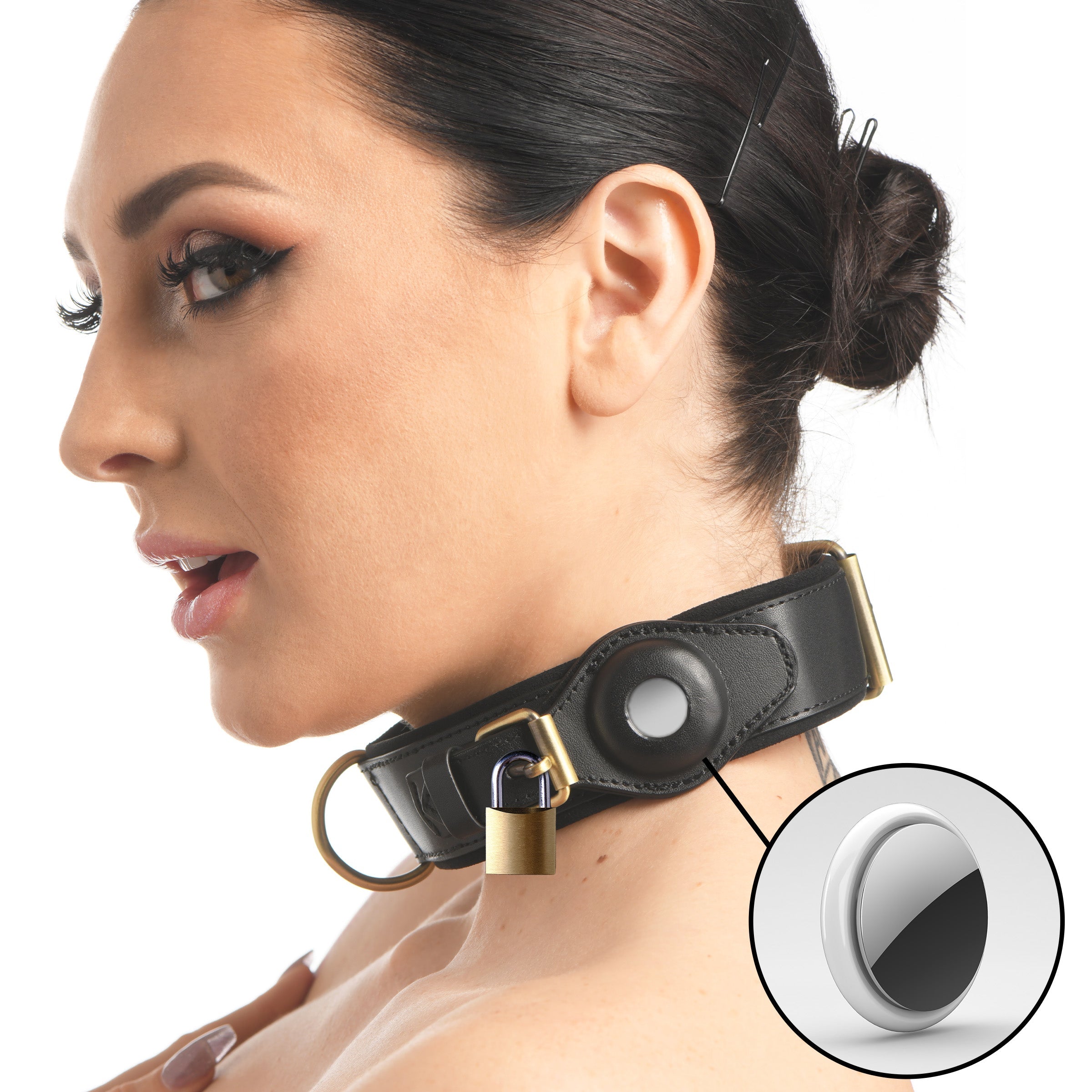 Woman modeling the Tracer Tracking Collar with its locking mechanism