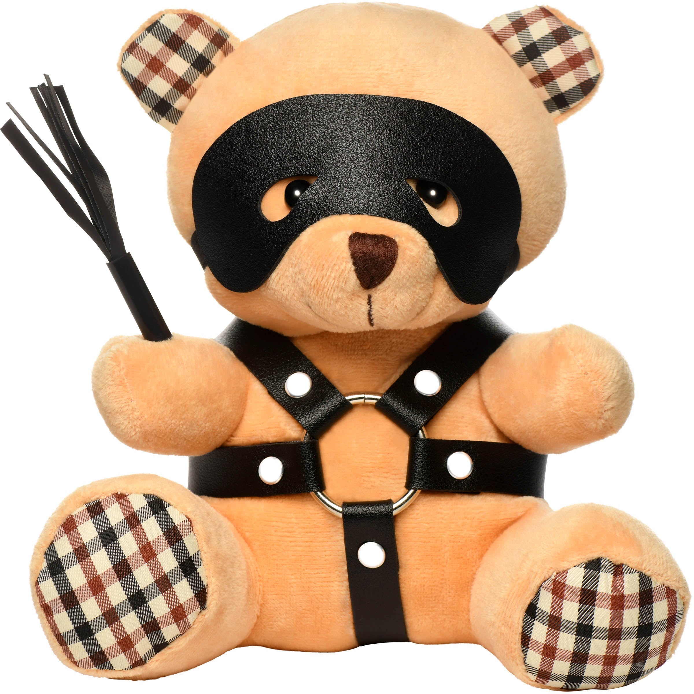 Teddy bear dressed in BDSM gear, including a leather mask, brandishing a whip