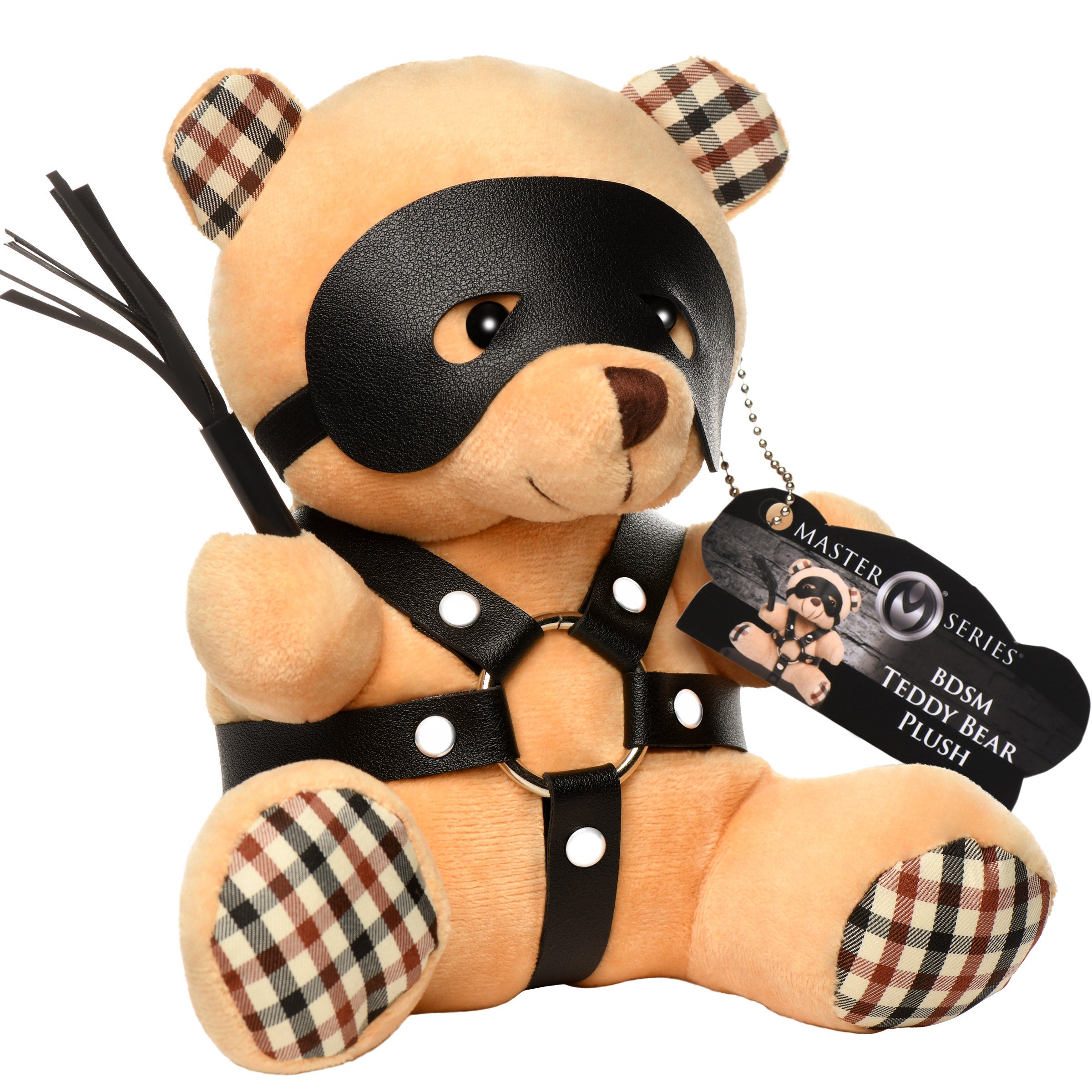 Plush bear in a BDSM outfit with a leather mask, pretending to cut with scissors