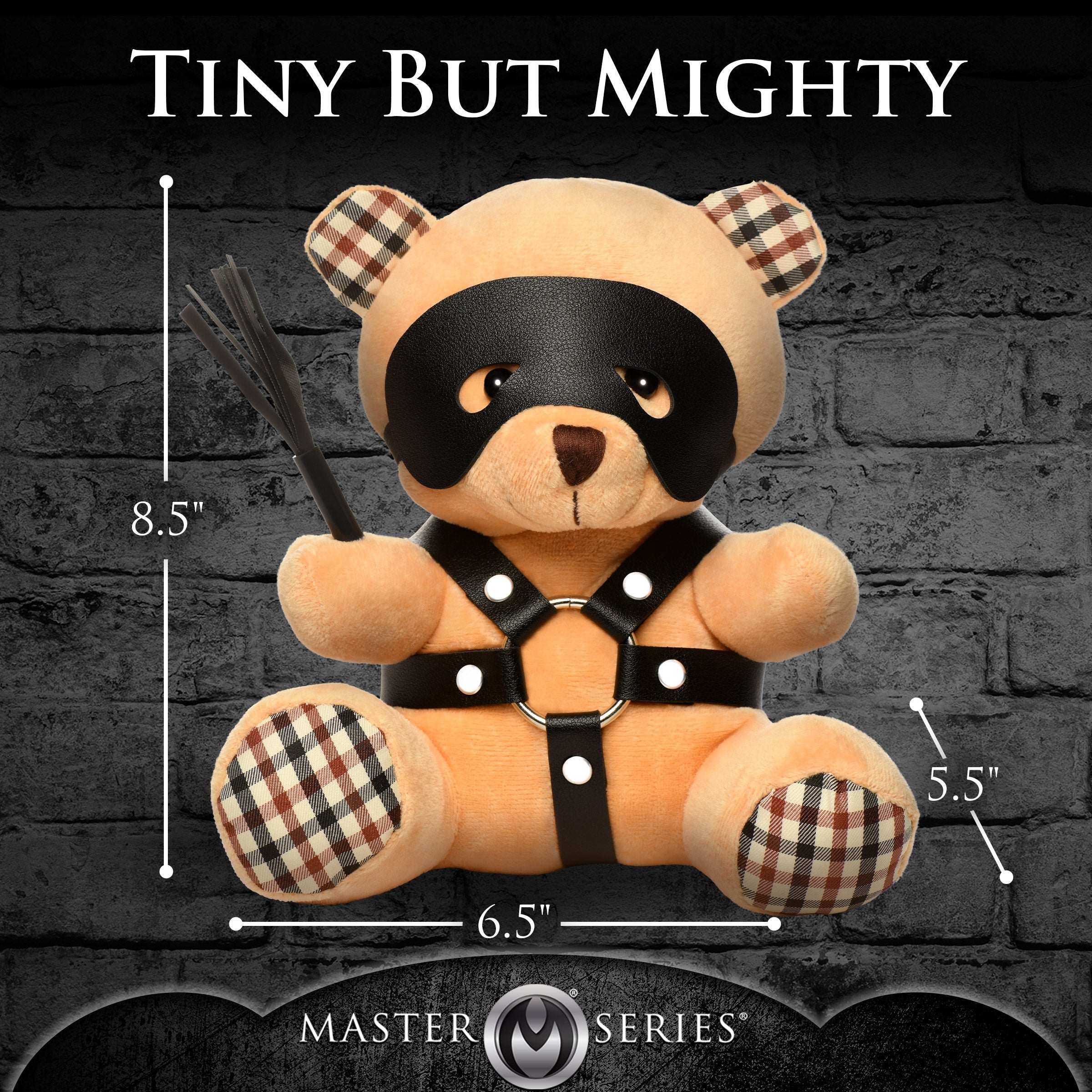 Kinky teddy bear accessorized with a leather belt and gripping a whip