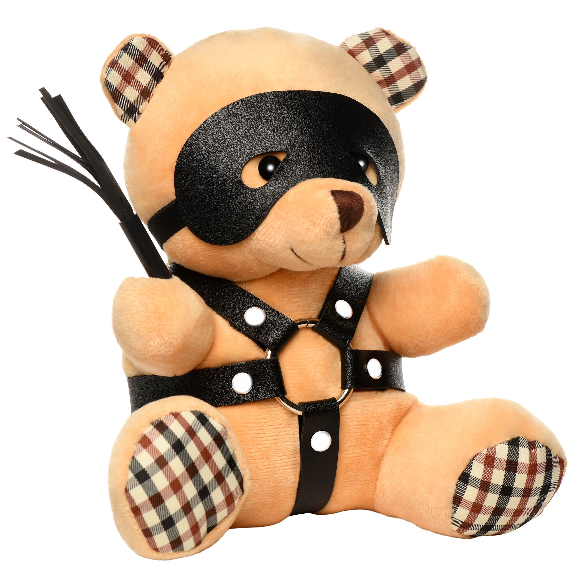 Plush teddy bear with BDSM theme, featuring a leather mask and a whip in its paw