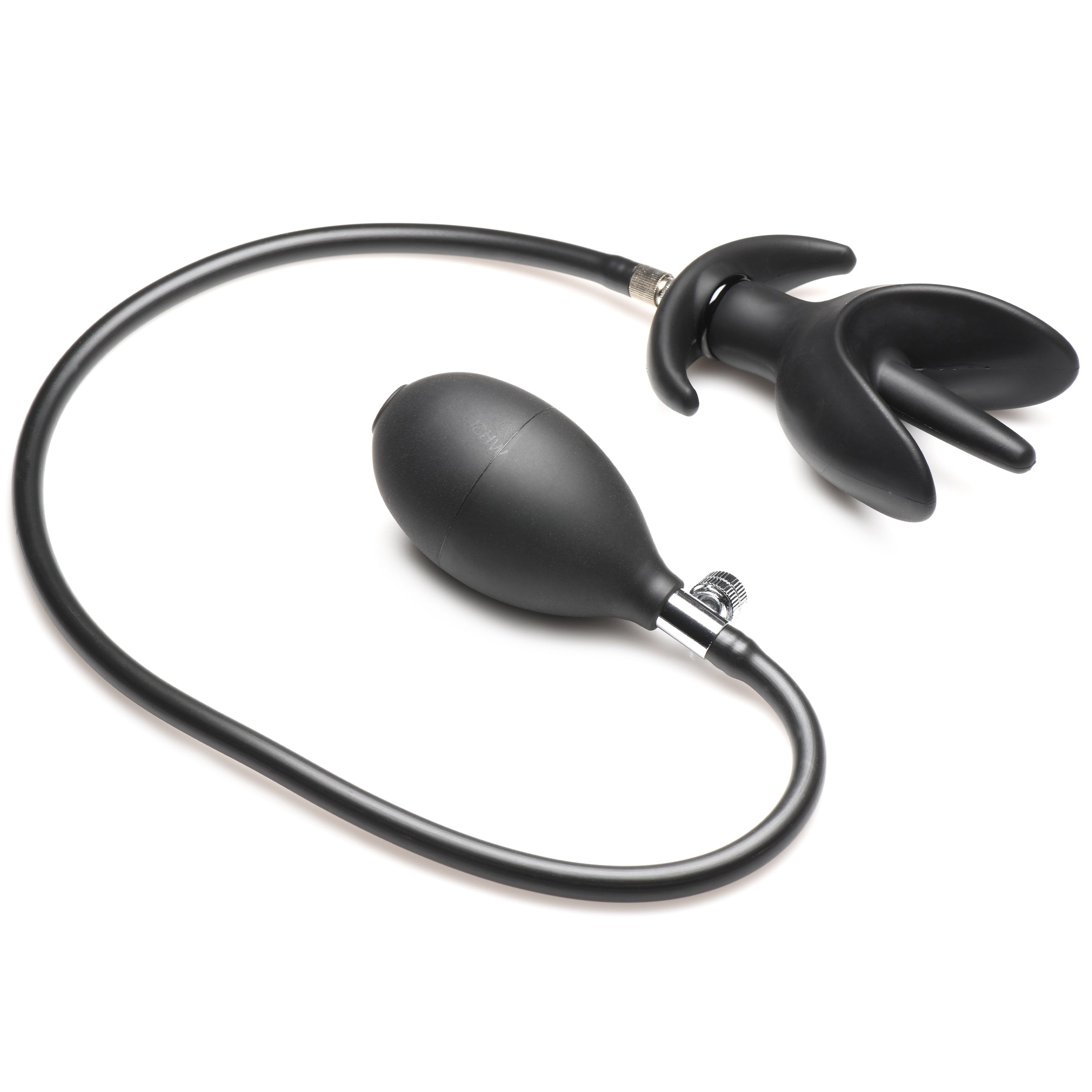 Inflatable silicone anal plug with a black finish and attached inflation bulb