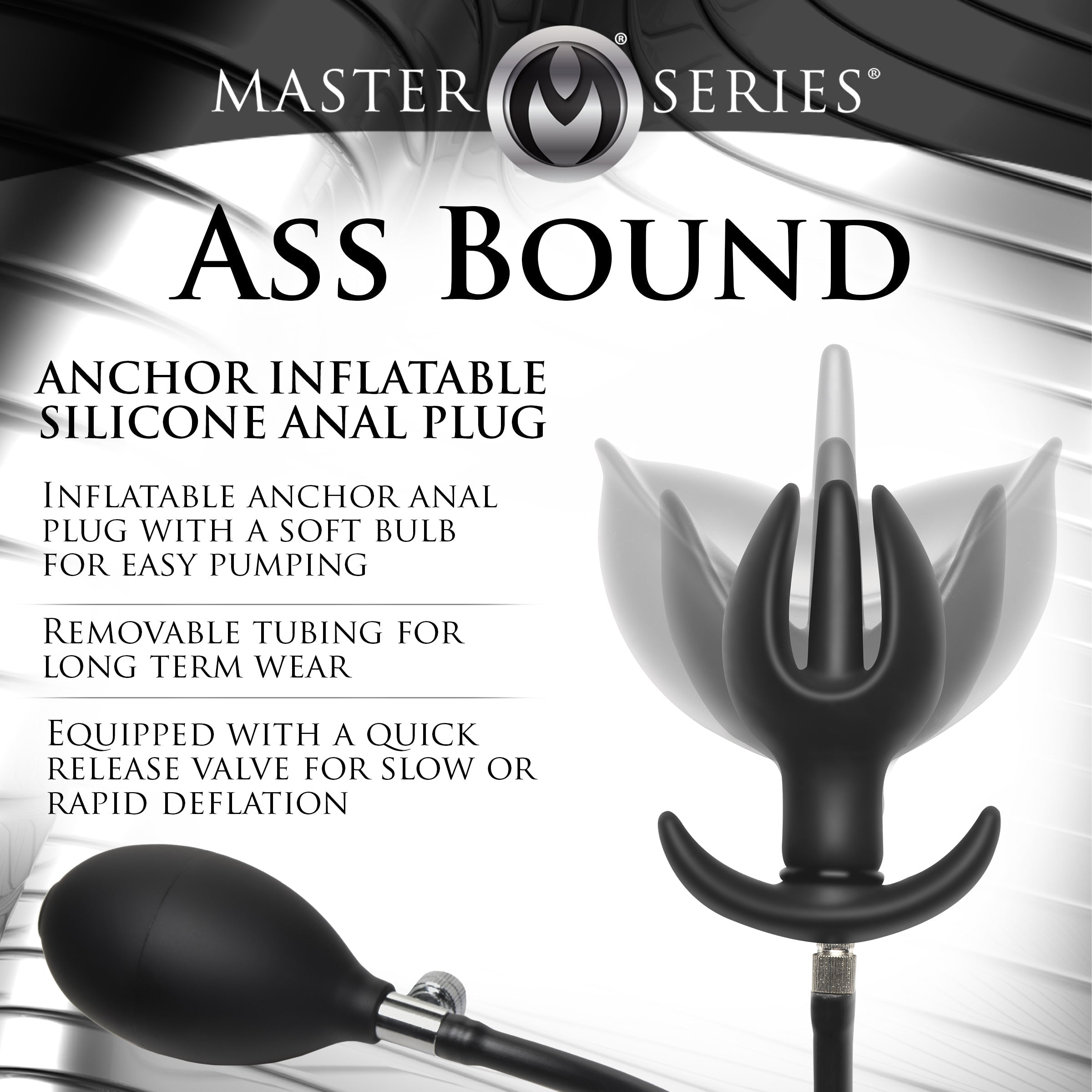 Packaging of the Master Series Ass Bound silicone anal plug