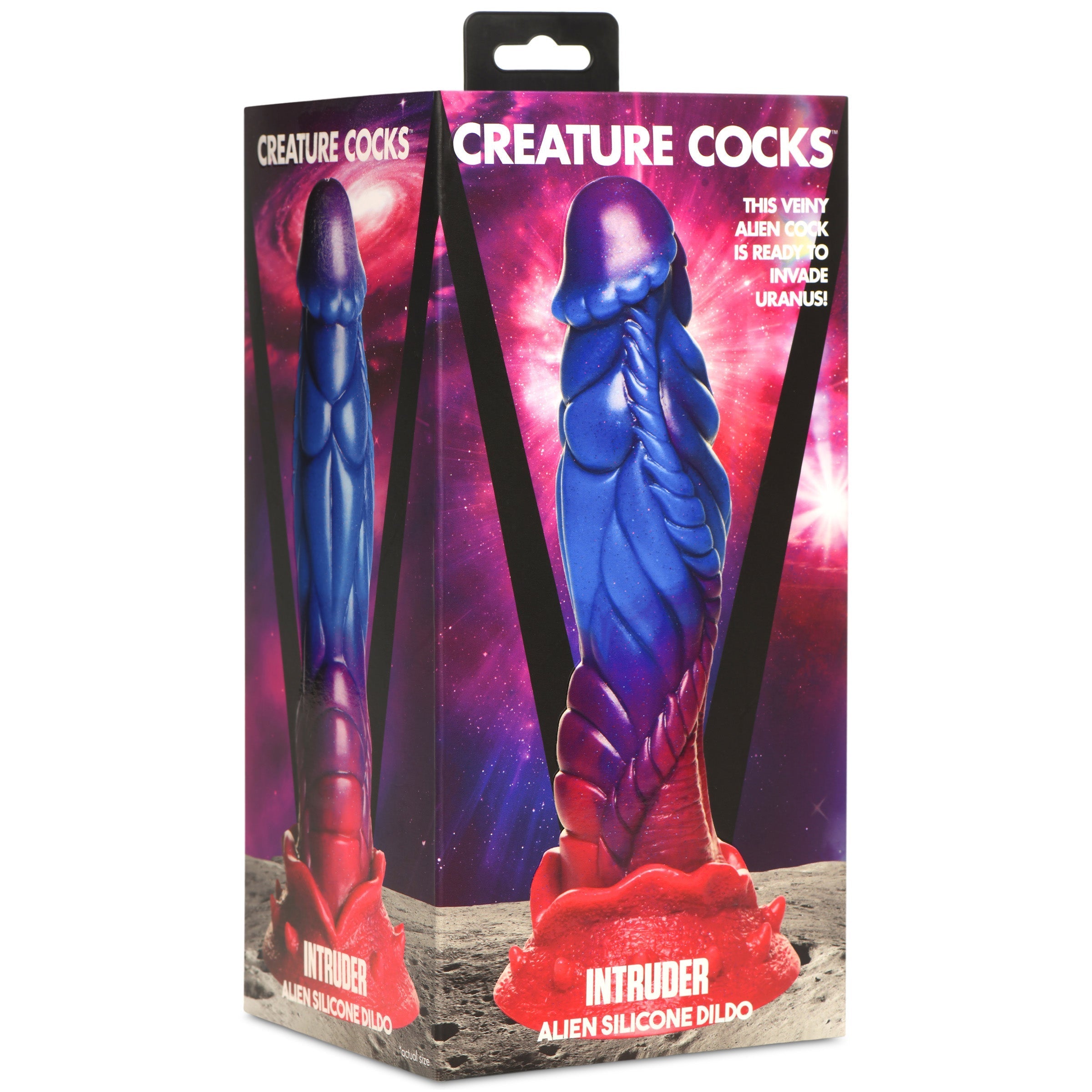 Packaged silicone dildo with alien-themed branding