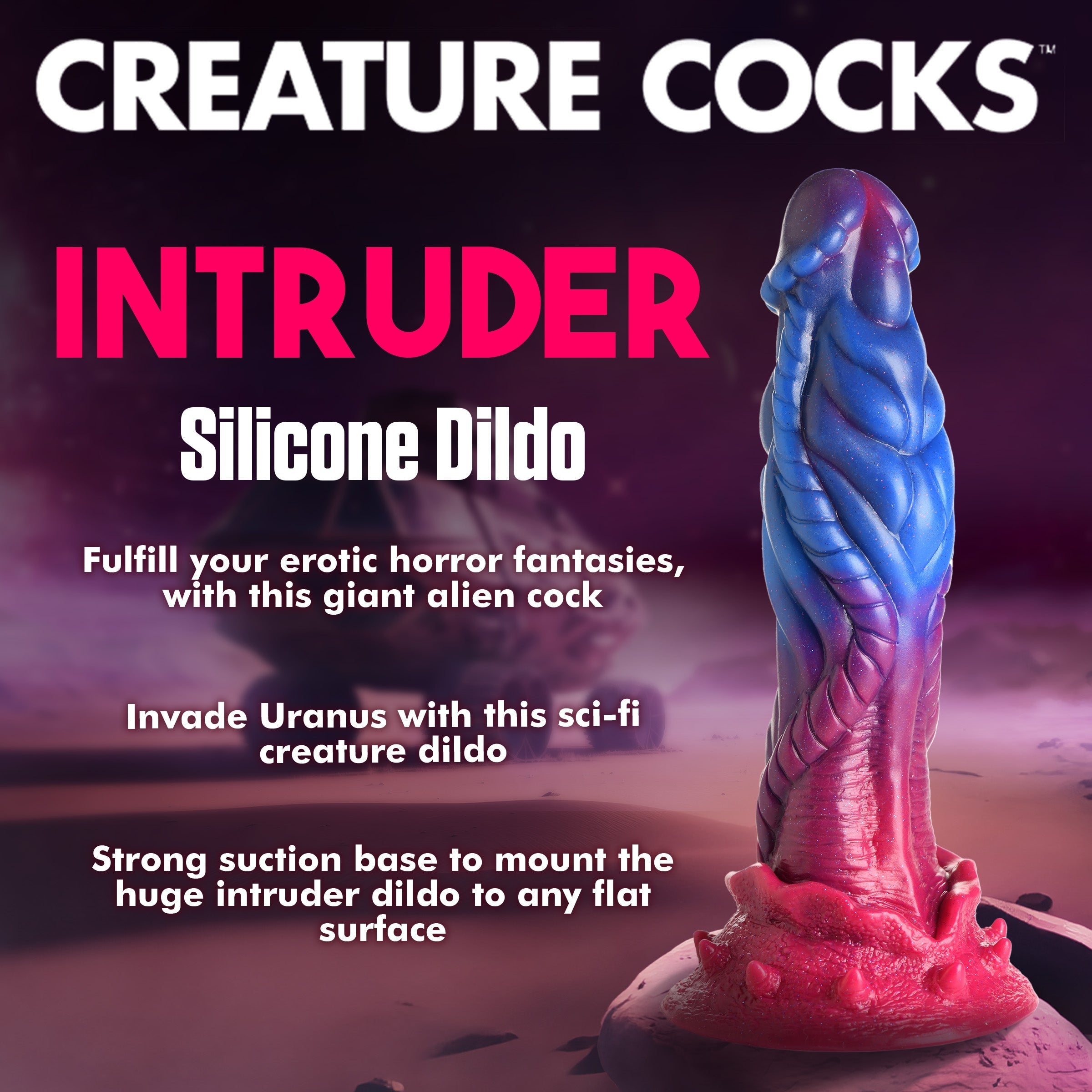 Promotional image of silicone dildo priced at $19.99 with alien features