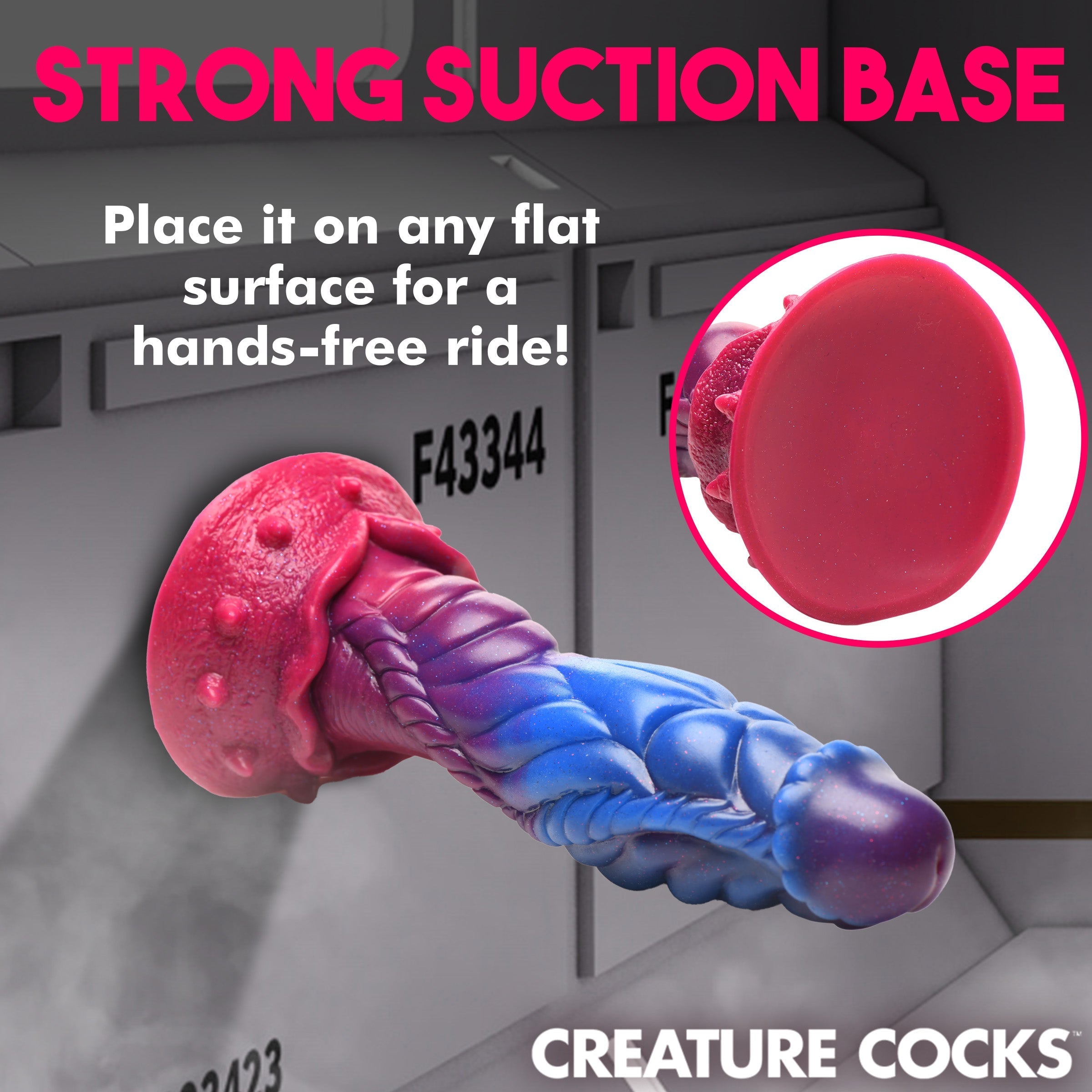 Purple and pink silicone dildo featuring a strong suction base