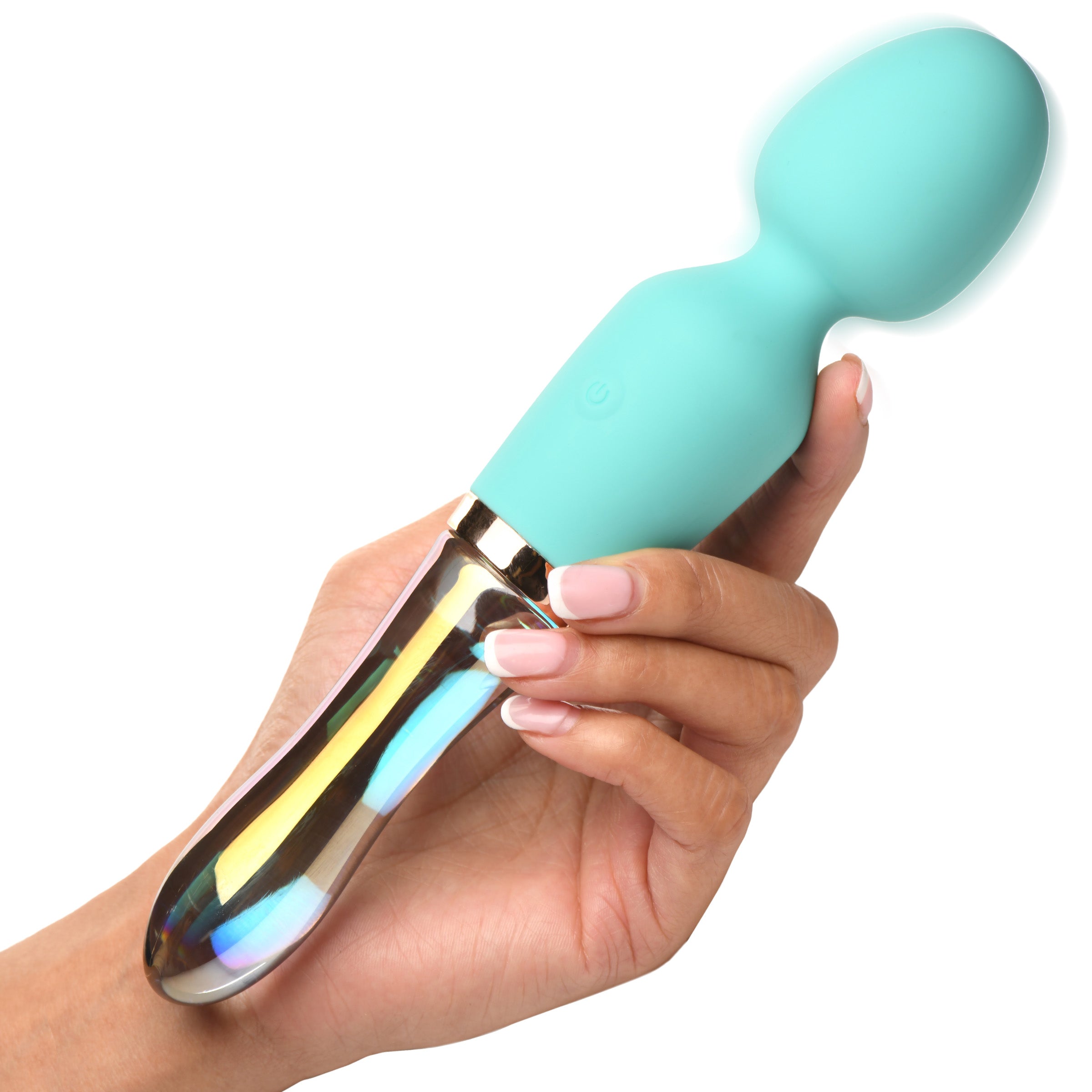 Woman's hand displaying the 10x Turquoise Silicone and Glass Wand