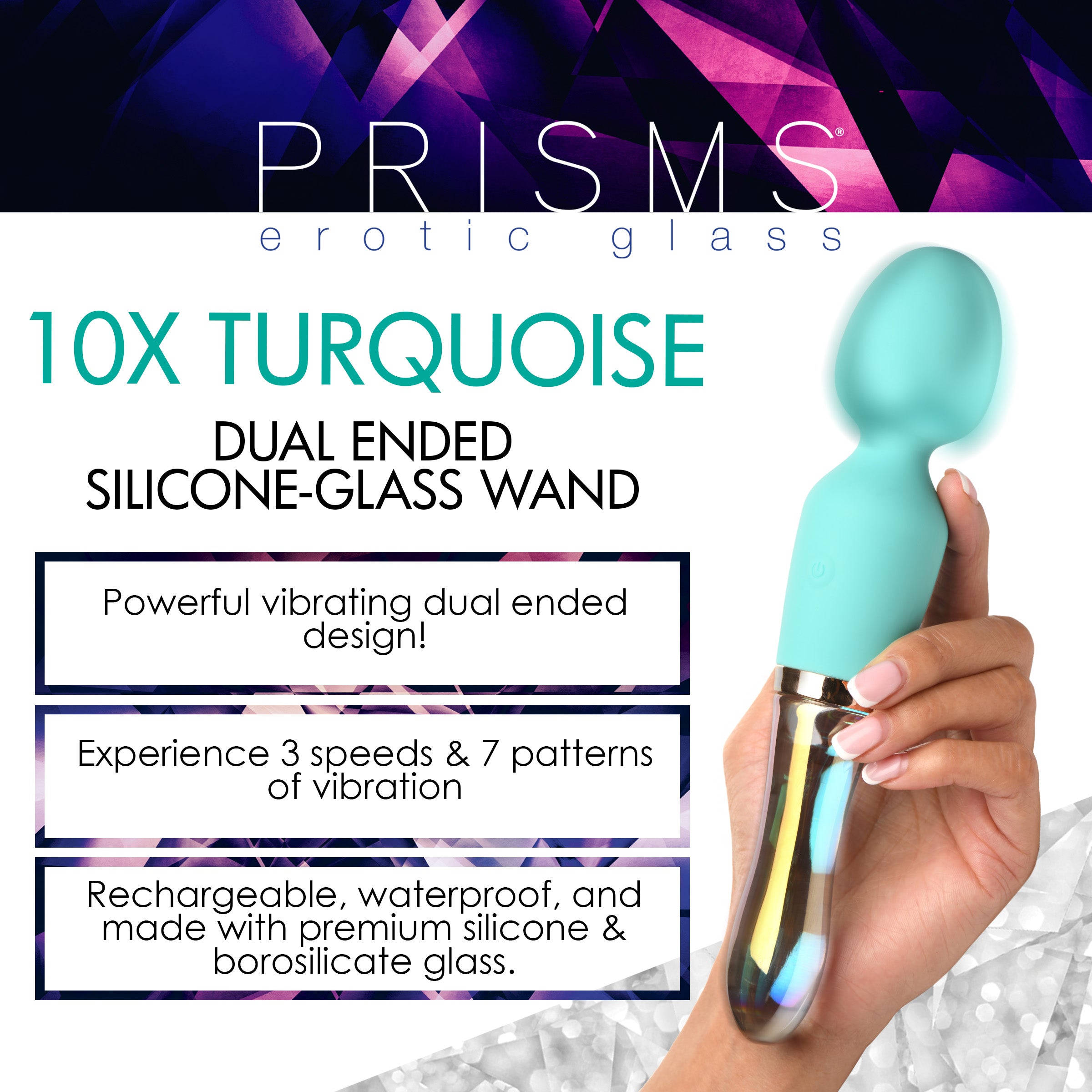 Product label for the 10x Turquoise Dual Ended Silicone And Glass Wand