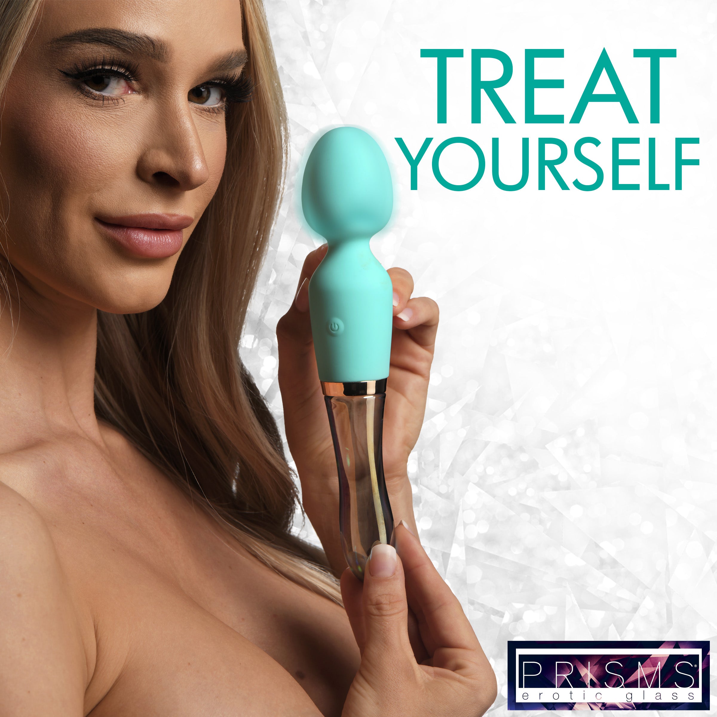 Woman holding the 10x Turquoise Wand with a 'treat yourself' message