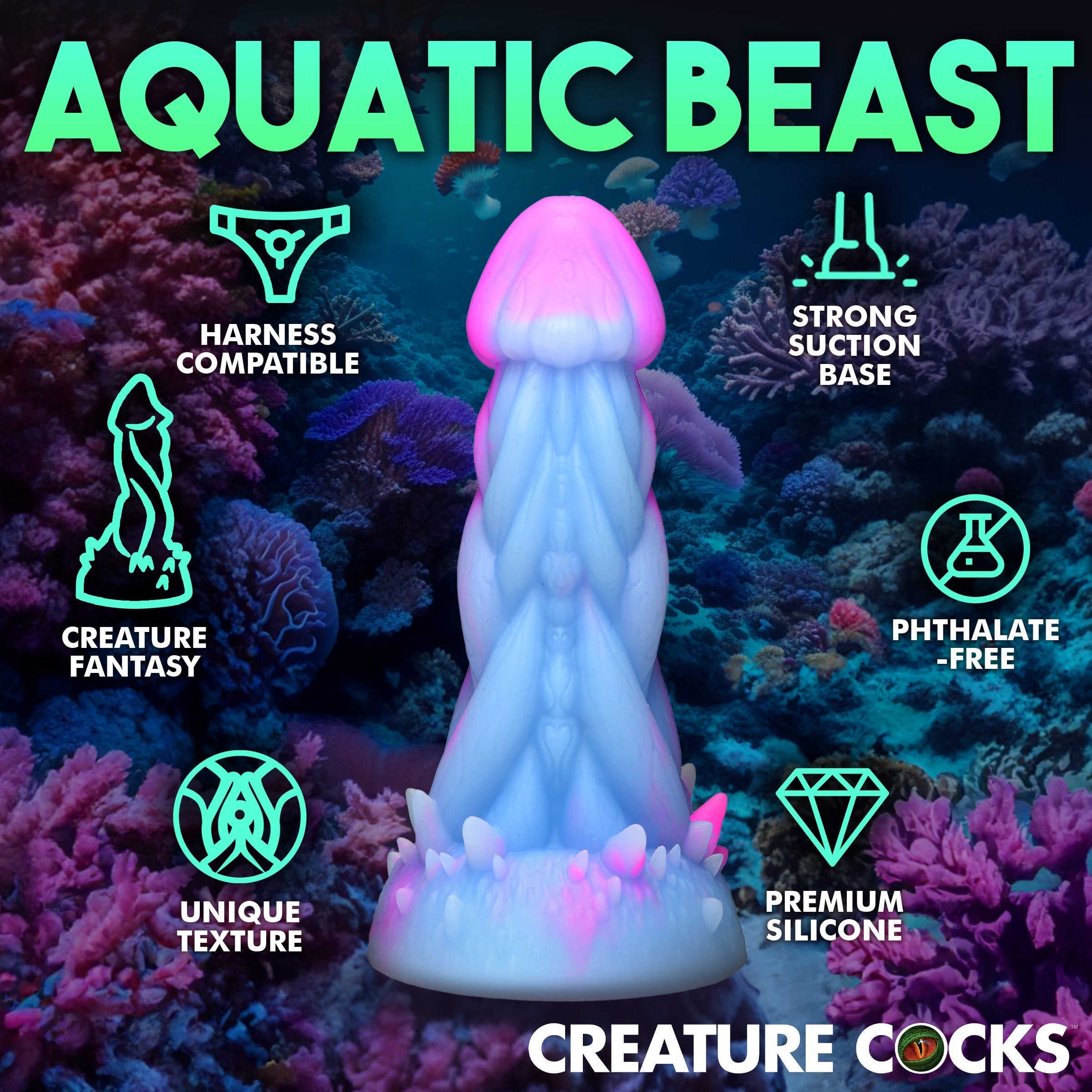 Silicone dildo with a jellyfish design featuring a luminous glow