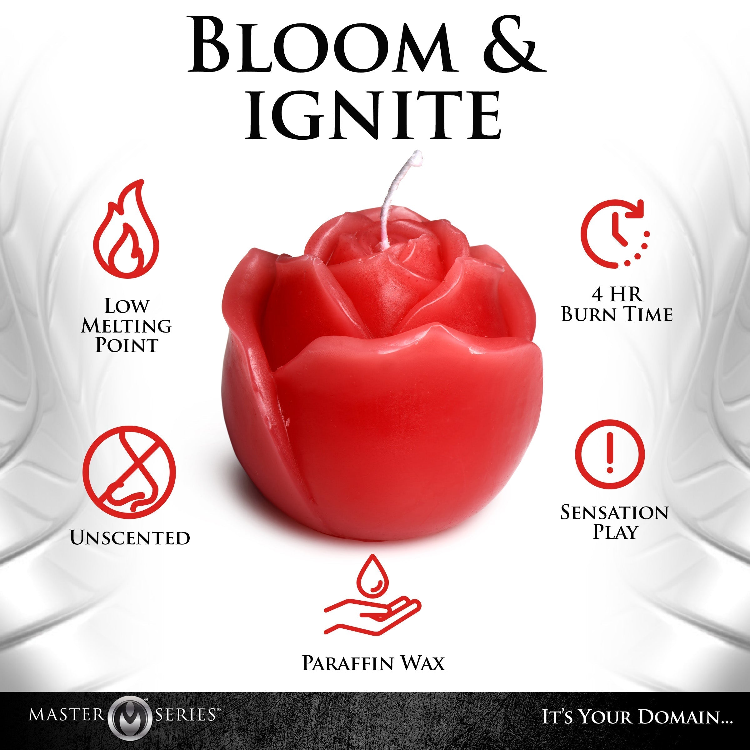 Flaming Rose Drip Candle with the inscriptions Bloom" and "Ignite""