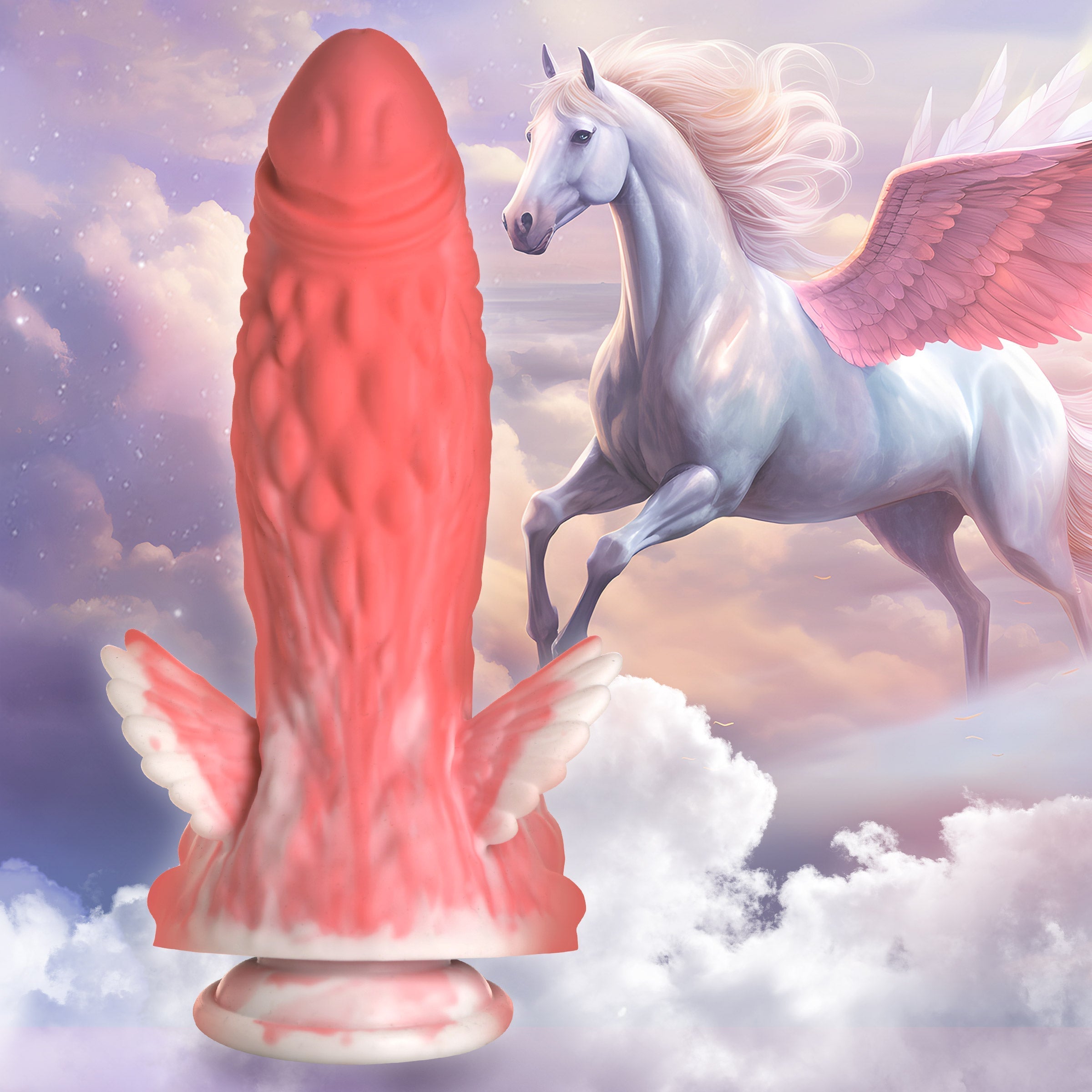 Pink silicone dildo with wings, evoking the image of Pegasus in flight