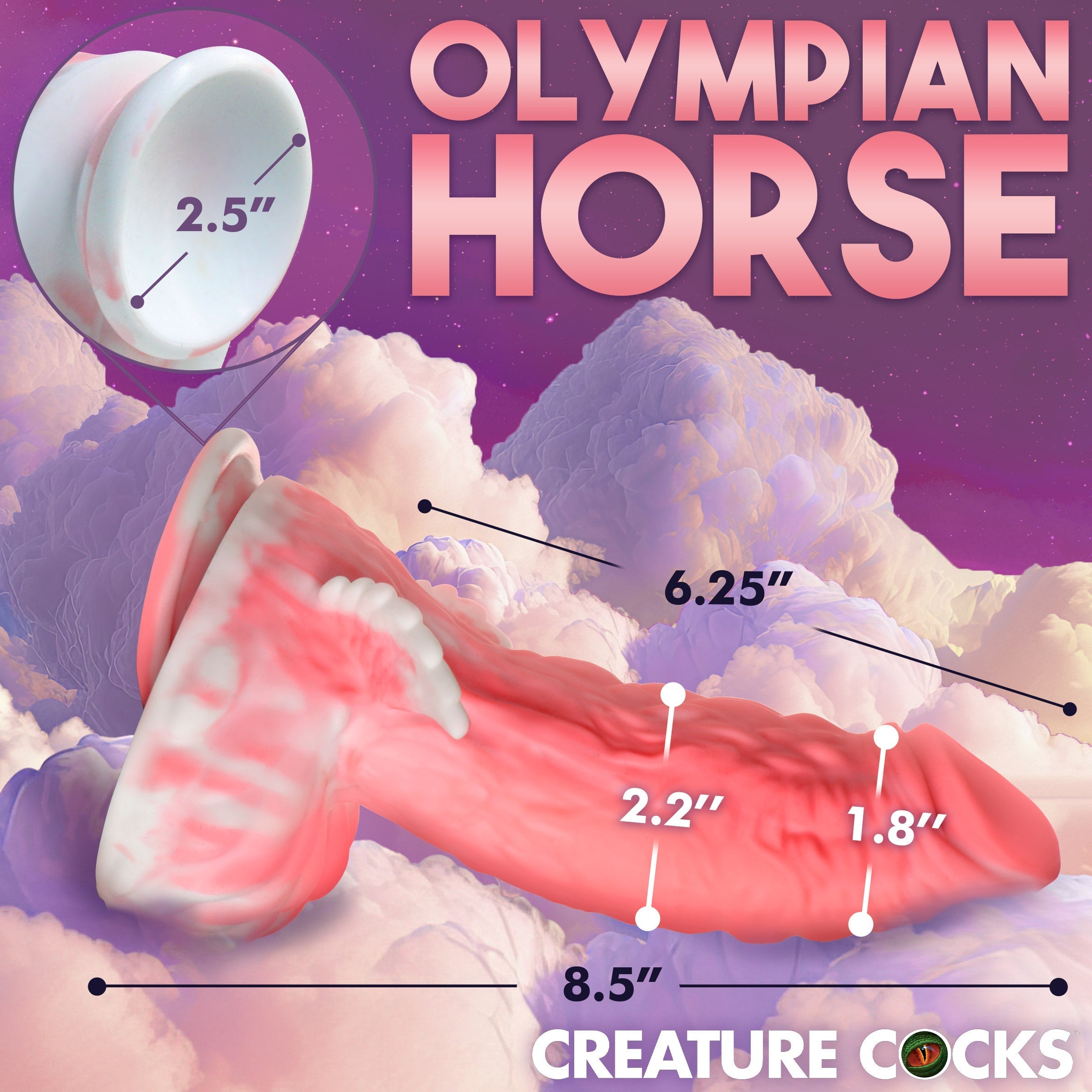 The Pegasus Pecker silicone dildo accompanied by its dimensions