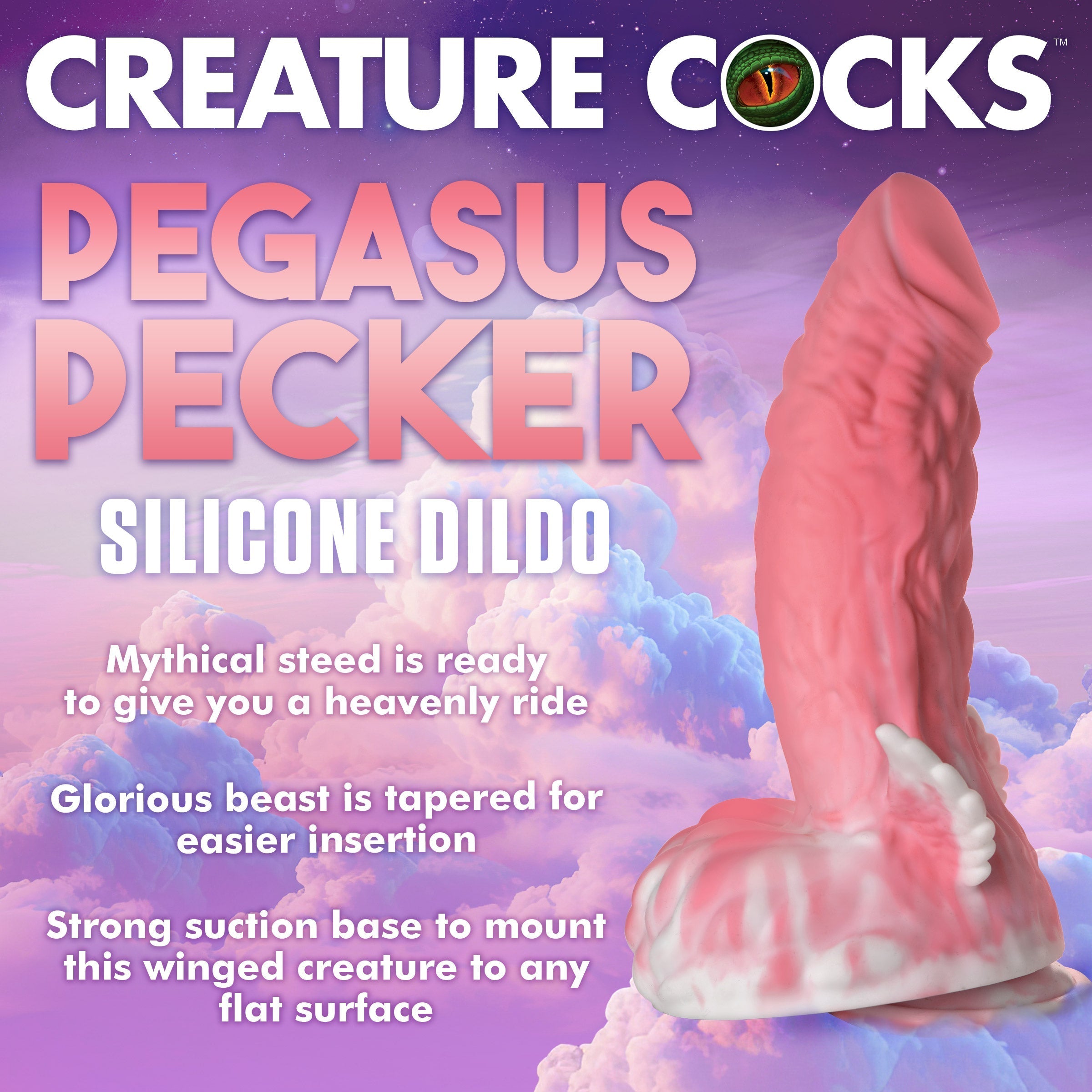 Close-up view of a pink silicone Pegasus Pecker dildo with product name inscription