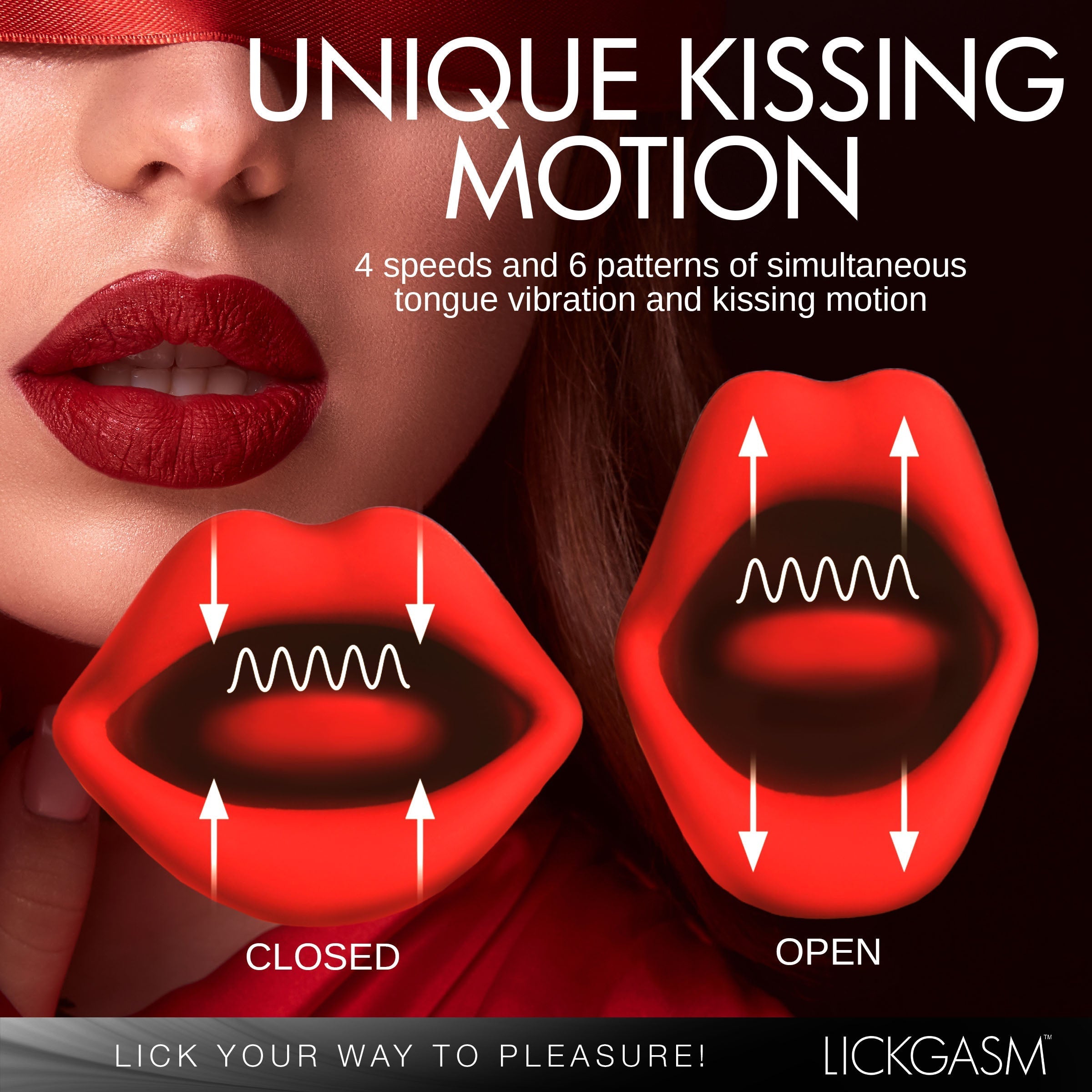 Tutorial image of a woman with red lipstick using the Kiss And Tell Pro Vibrator