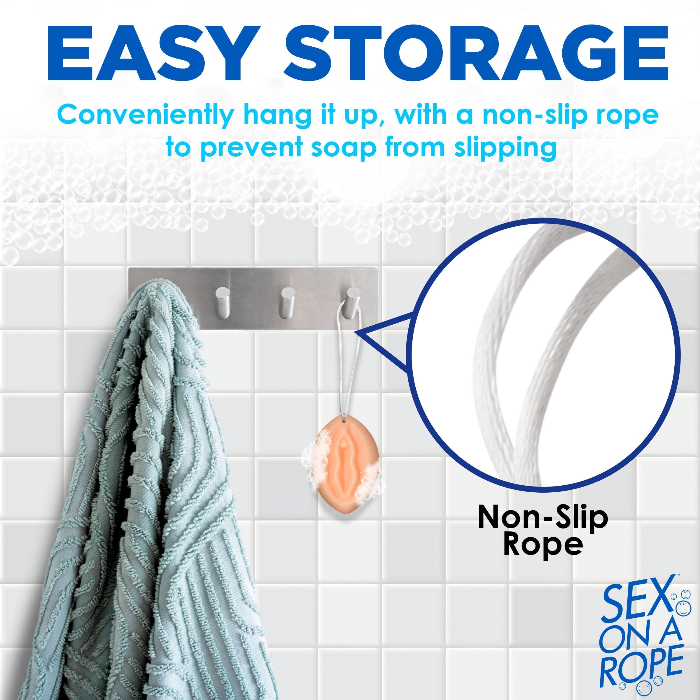 Pussy Soap on a Rope with convenient towel holder for easy storage