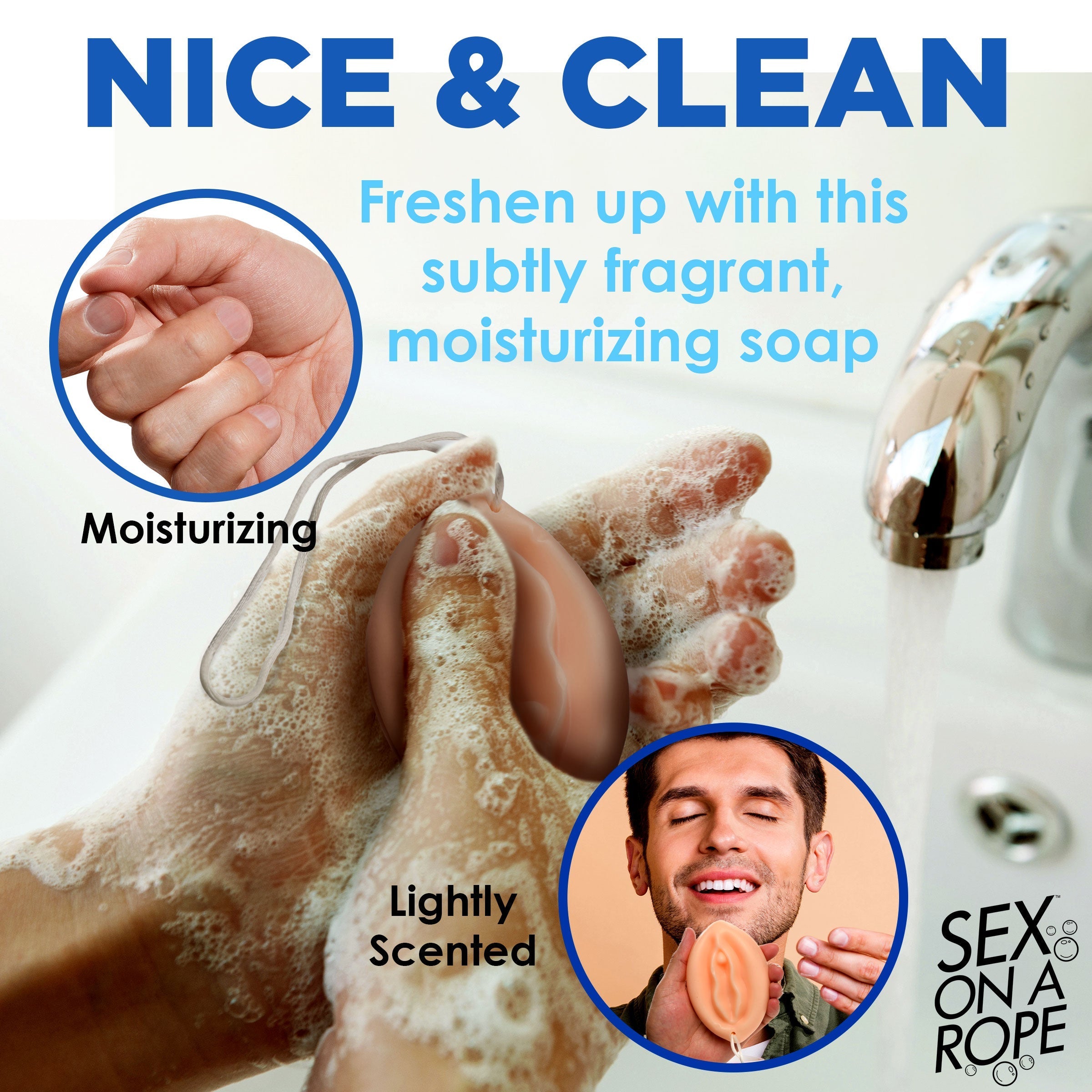 Promotional image featuring the Pussy Soap on a Rope with Nice and Clean" slogan"