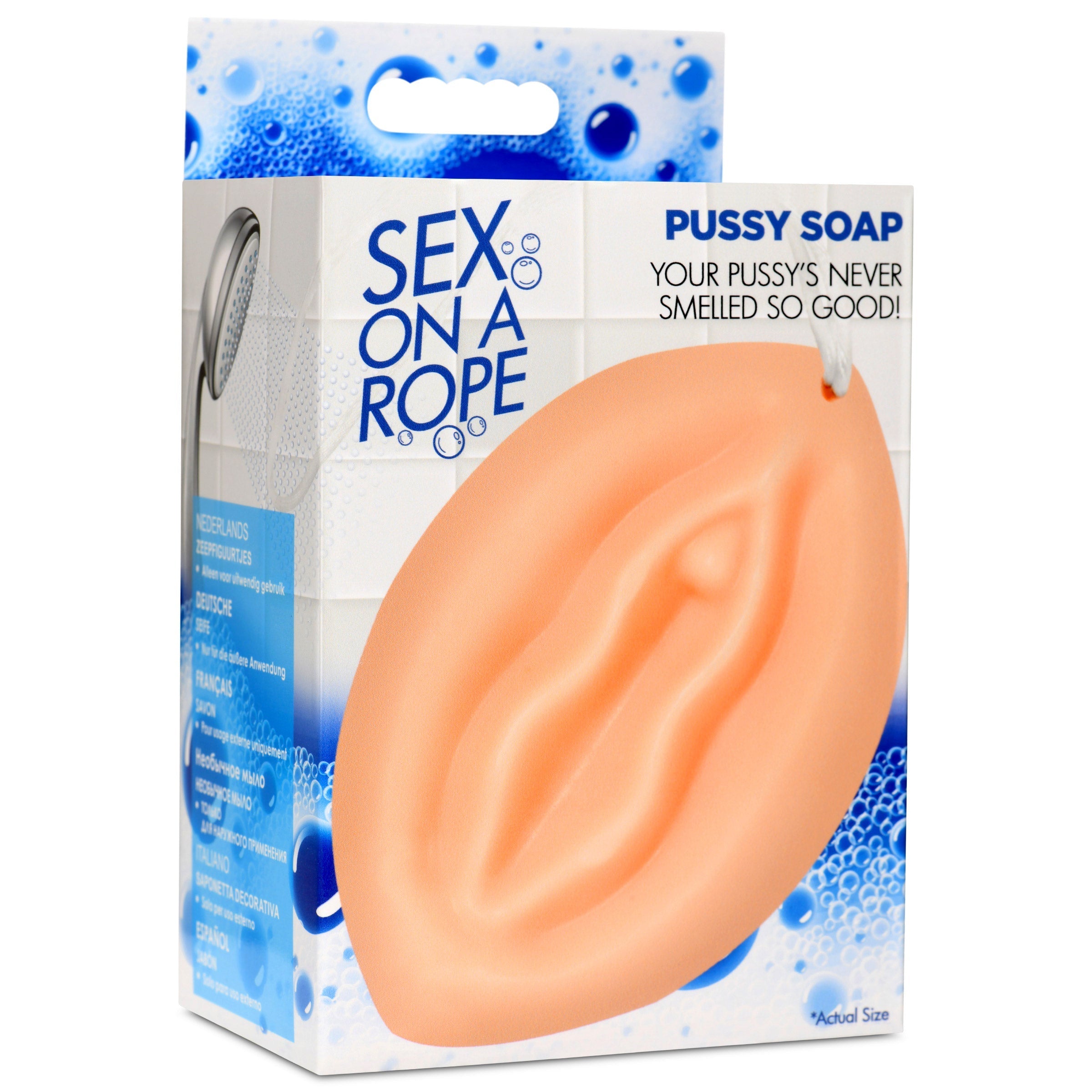 Pussy Soap on a Rope designed to resemble a silicone sex toy