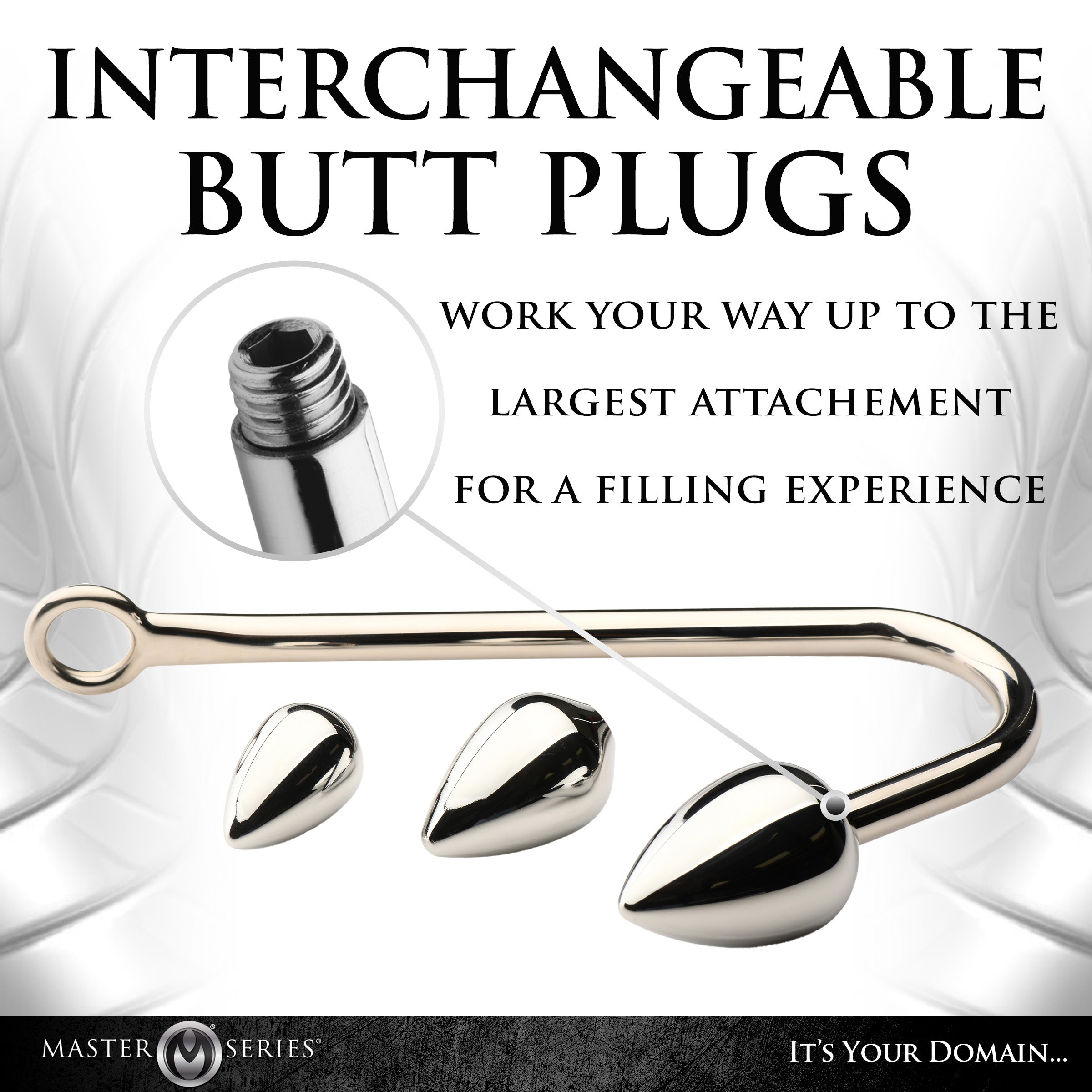 Promotional image highlighting the interchangeable plugs of the Anal Hook Trainer