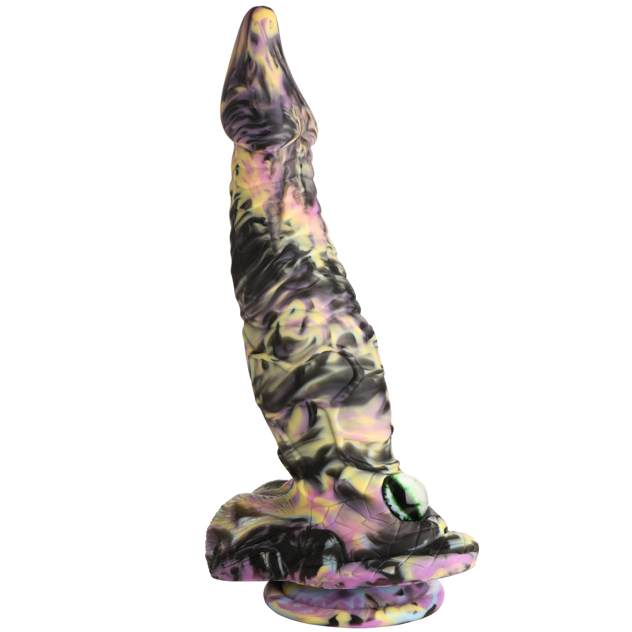 Fantasy-themed silicone dildo with purple and black marbling and unique tail feature