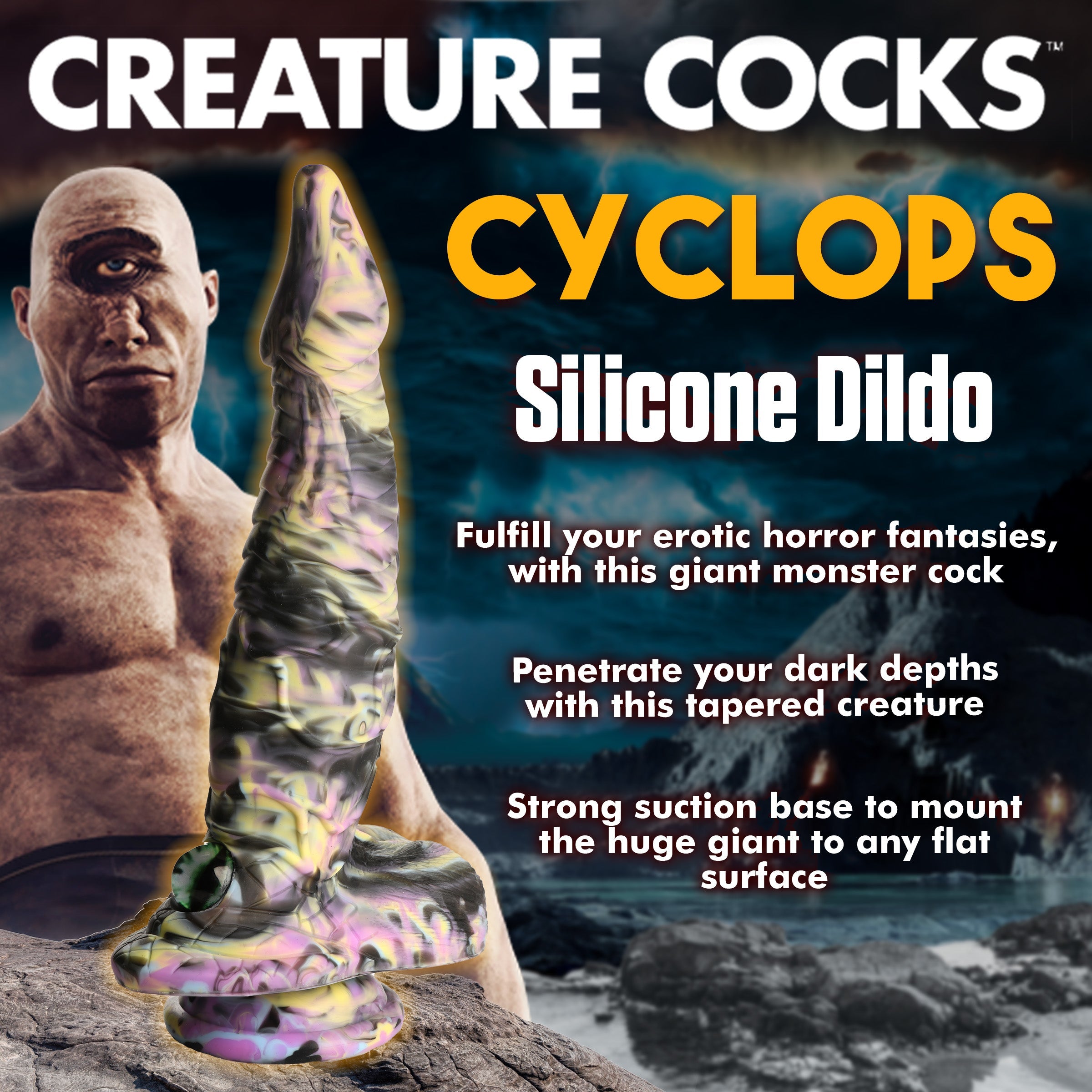 Person presenting the large cyclops-inspired silicone dildo