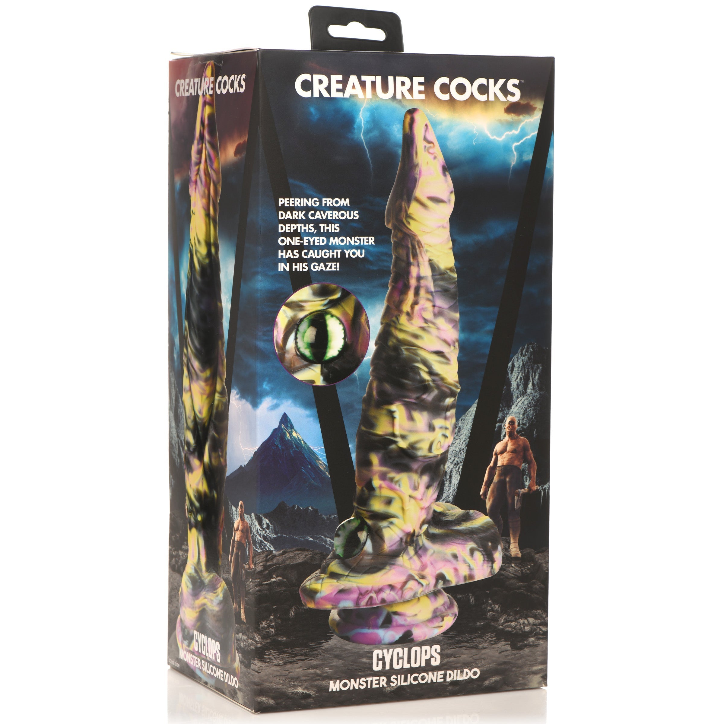 Packaging of the cyclops-themed silicone dildo showcasing its monster design