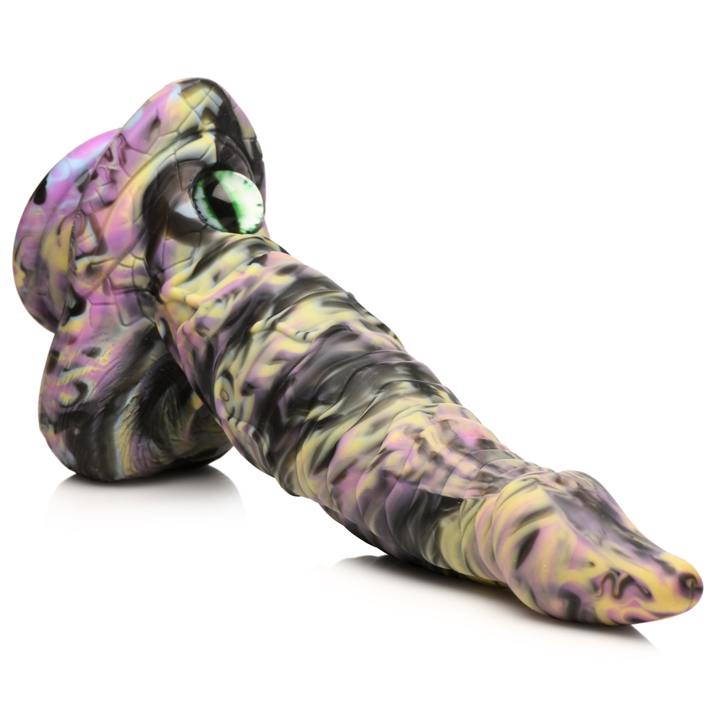 Swirled purple and black silicone dildo designed to resemble a cyclops creature