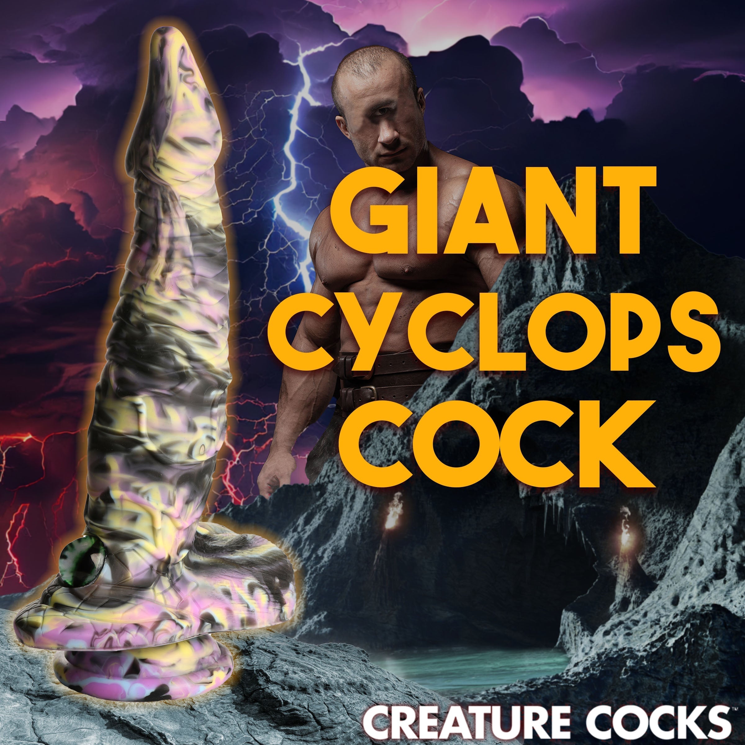 Large, mythical cyclops-themed silicone dildo in a striking purple color