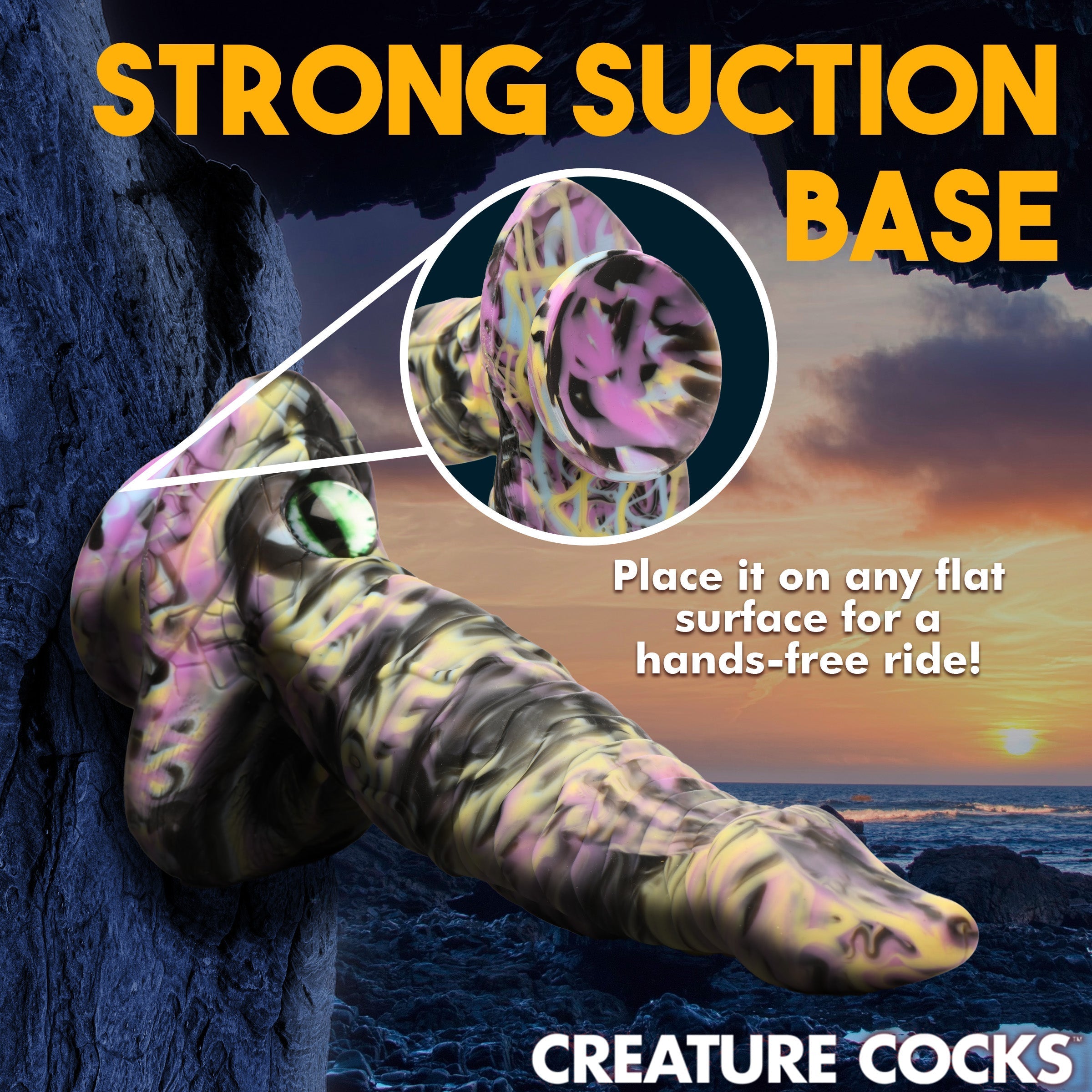 Promotional image highlighting the strong suction base of the cyclops dildo