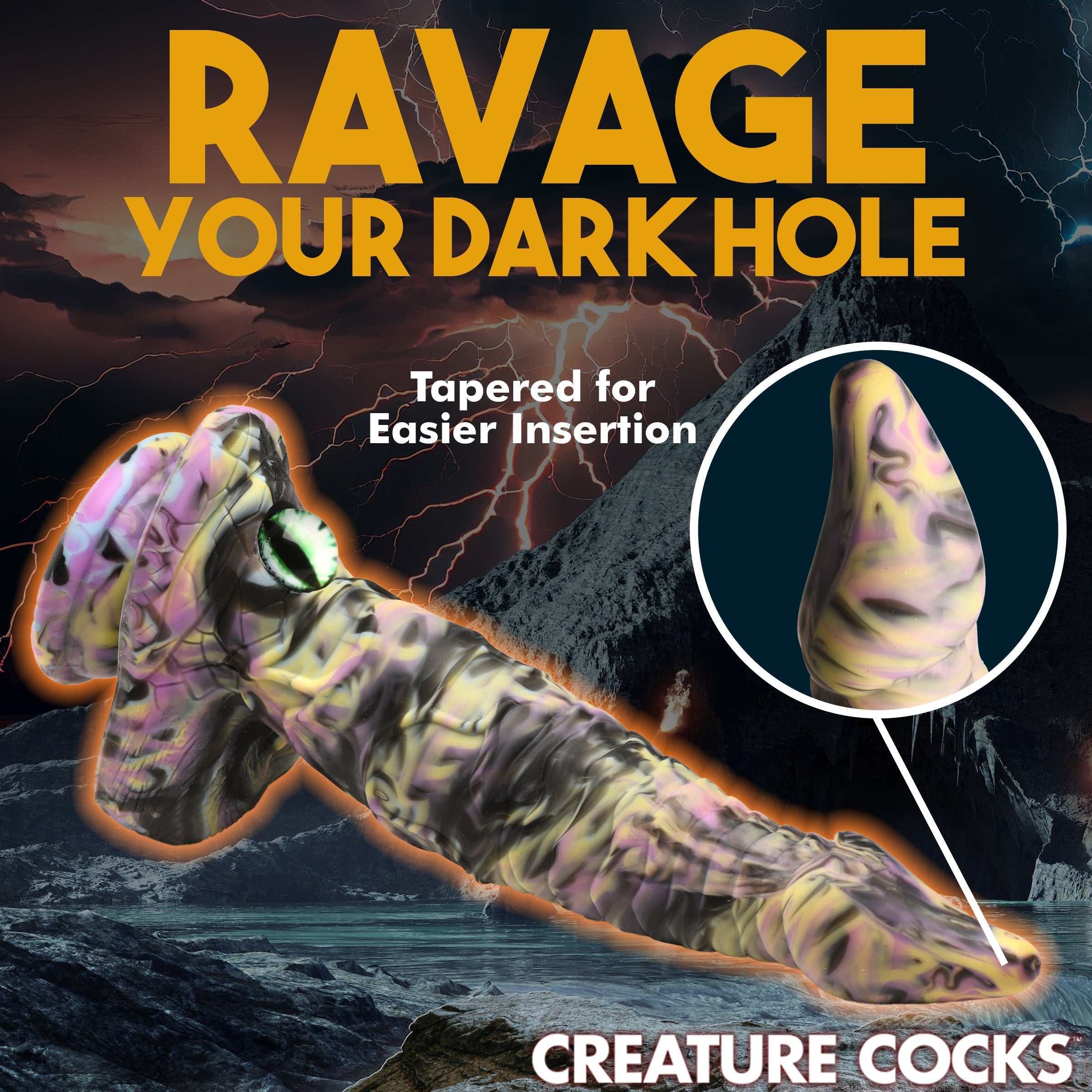 Promotional graphic for the cyclops silicone dildo featuring the tagline Ravage your dark hole""