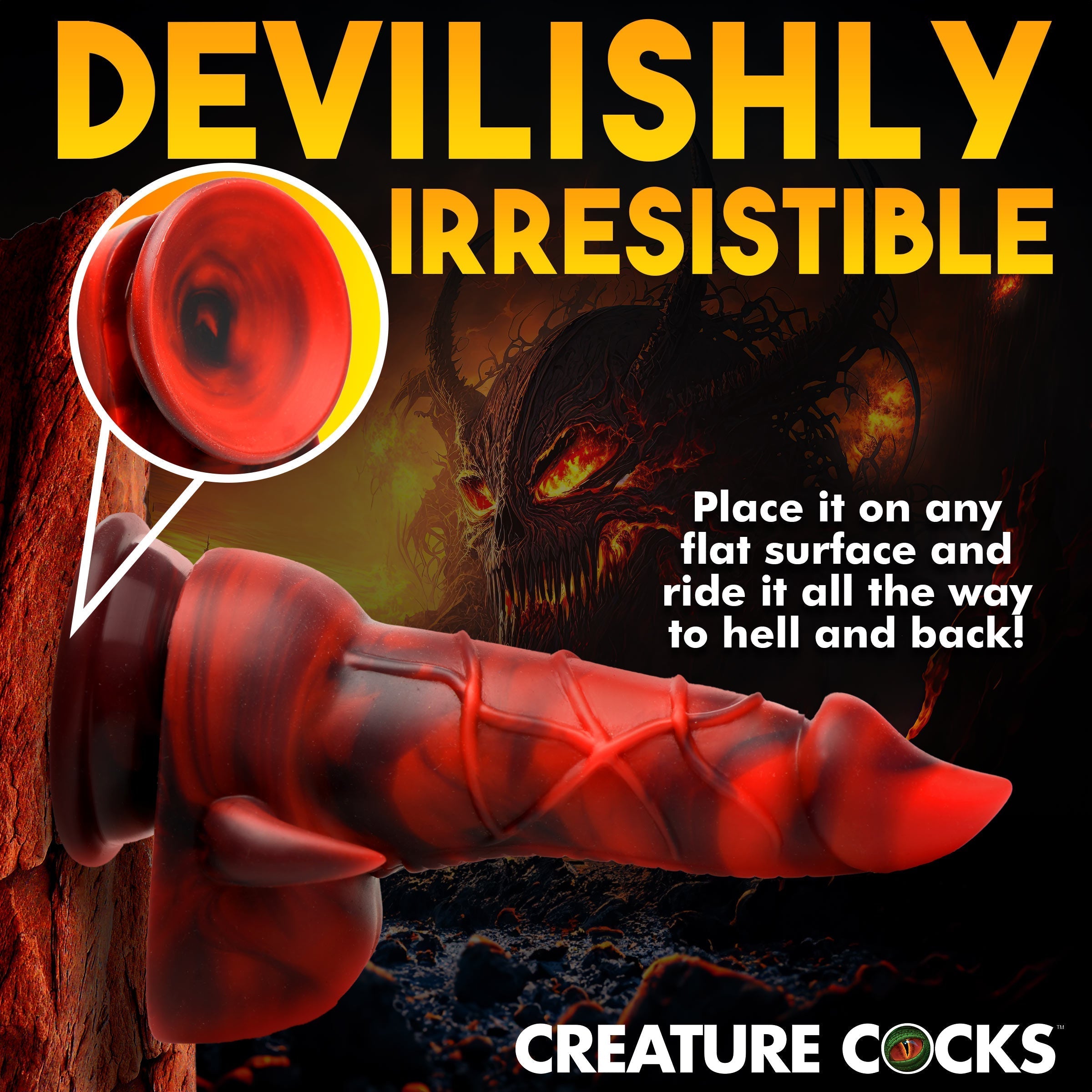 Silicone dildo with devilish theme against a red and black backdrop