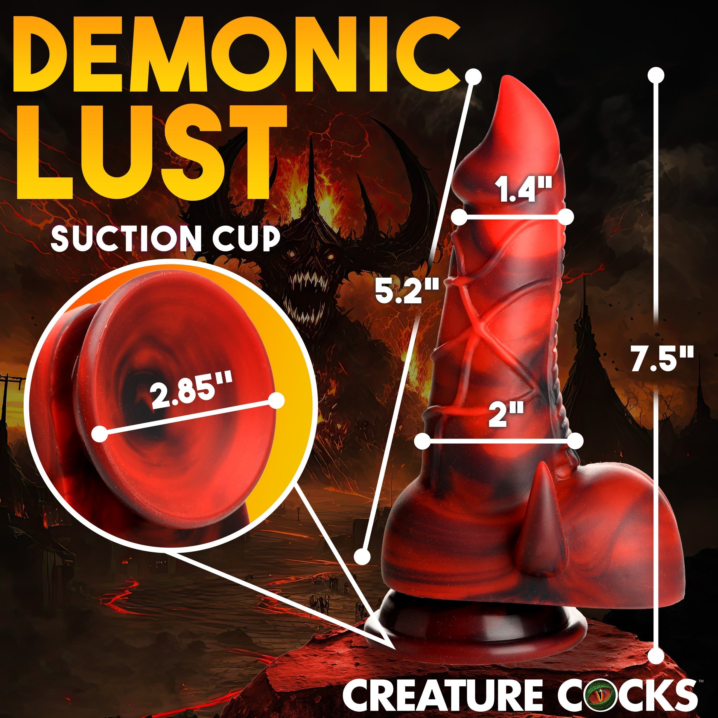 Measurement details of the demon-themed dildo with a suction cup base