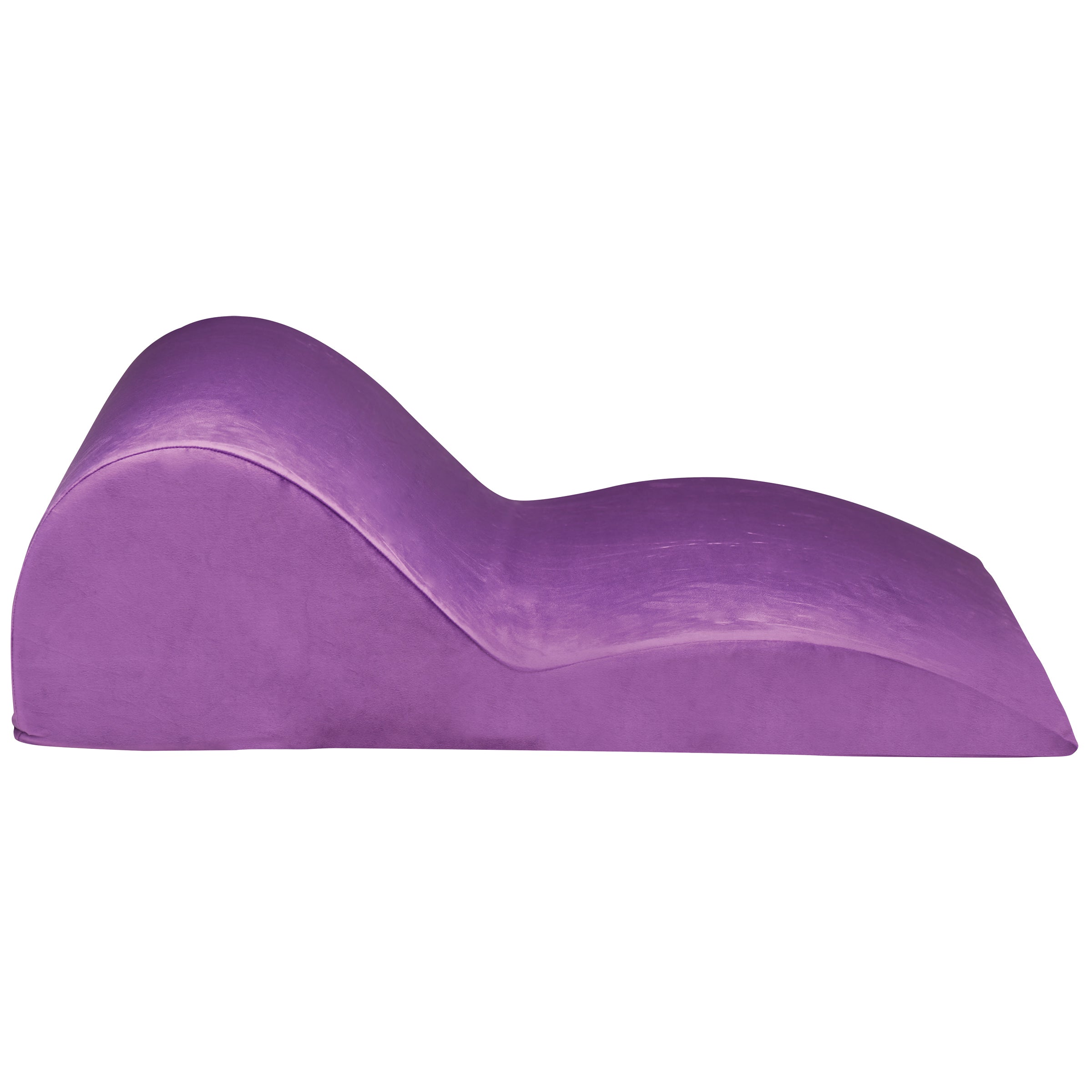 A purple Contoured Love Cushion designed for comfort on a chaise lounge