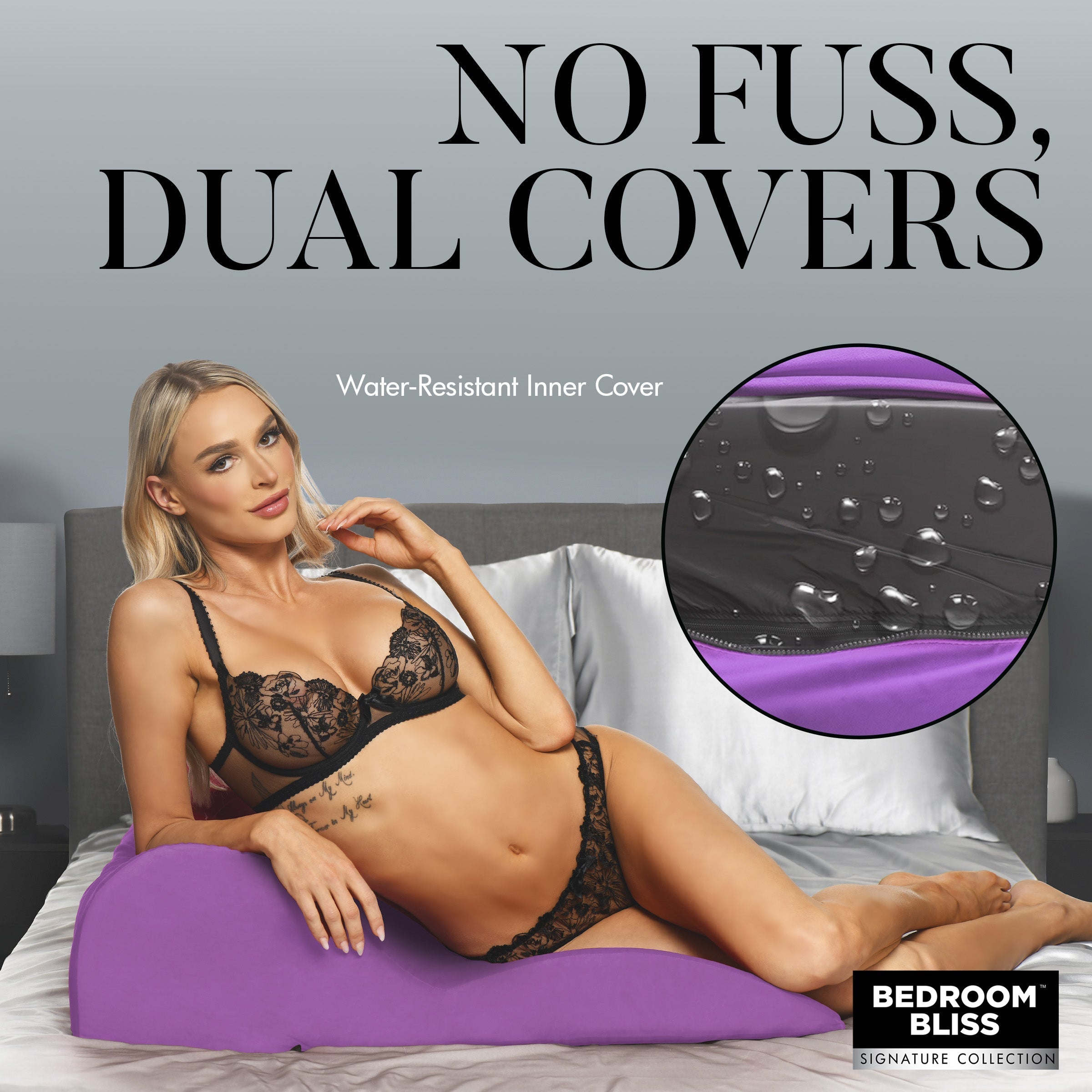 The dual-cover design of the Bedroom Bliss Contoured Love Cushion with a model