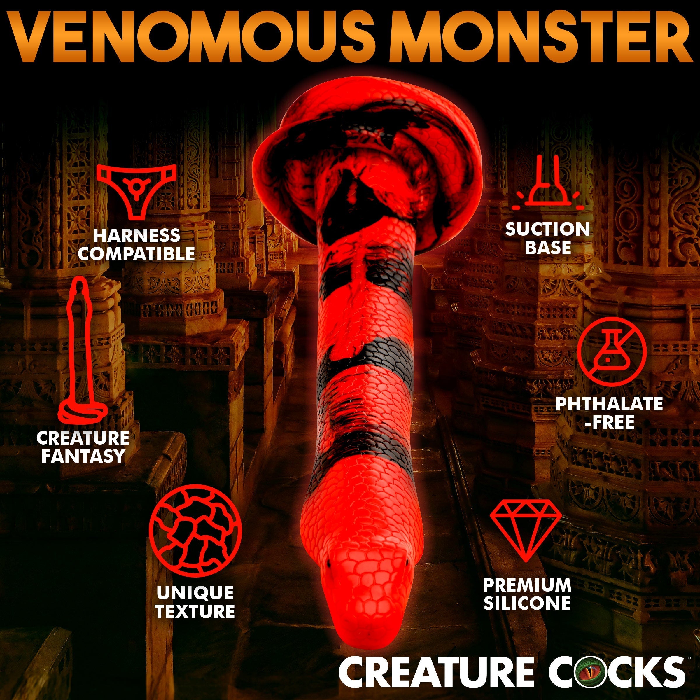 Promotional image of King Cobra Silicone Dildo with venomous monster" caption"