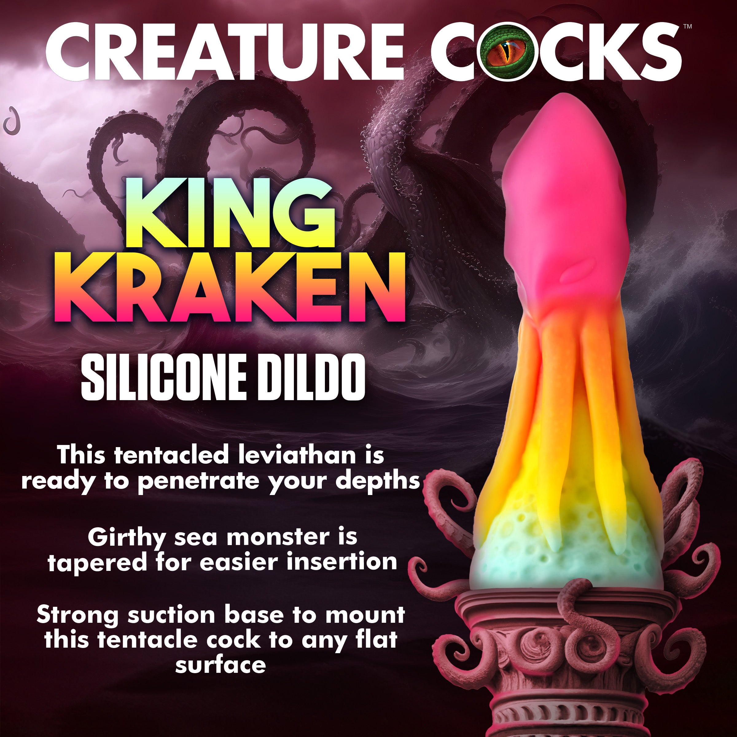 Advertisement image of the King Kraken Silicone Dildo showcasing its design