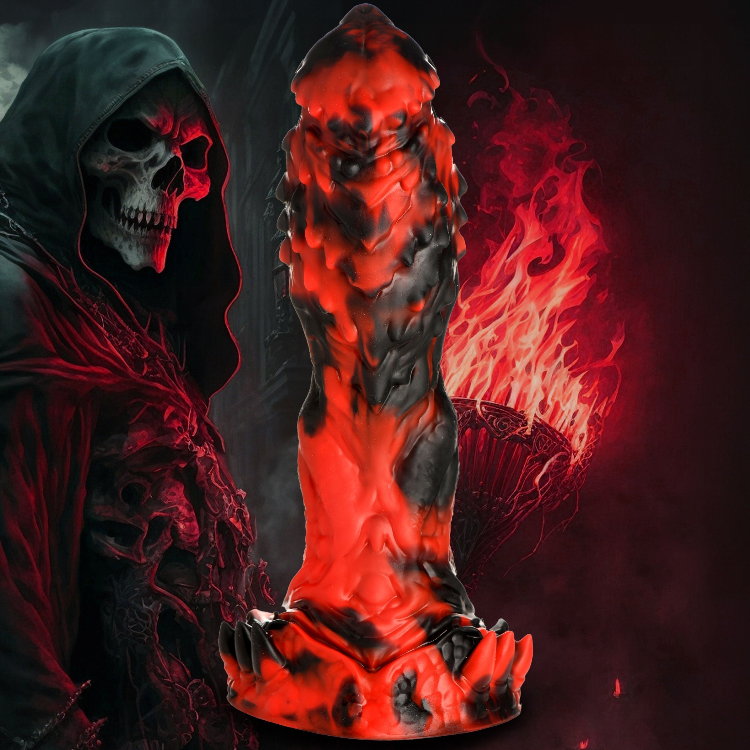 Artistic representation of a black and red demon with a skull for the Reaper Silicone Dildo