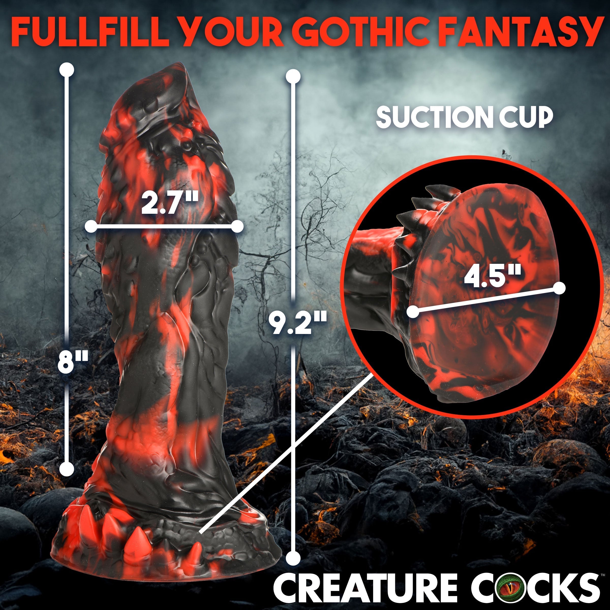 Gothic-inspired Reaper Silicone Dildo with dimensions displayed