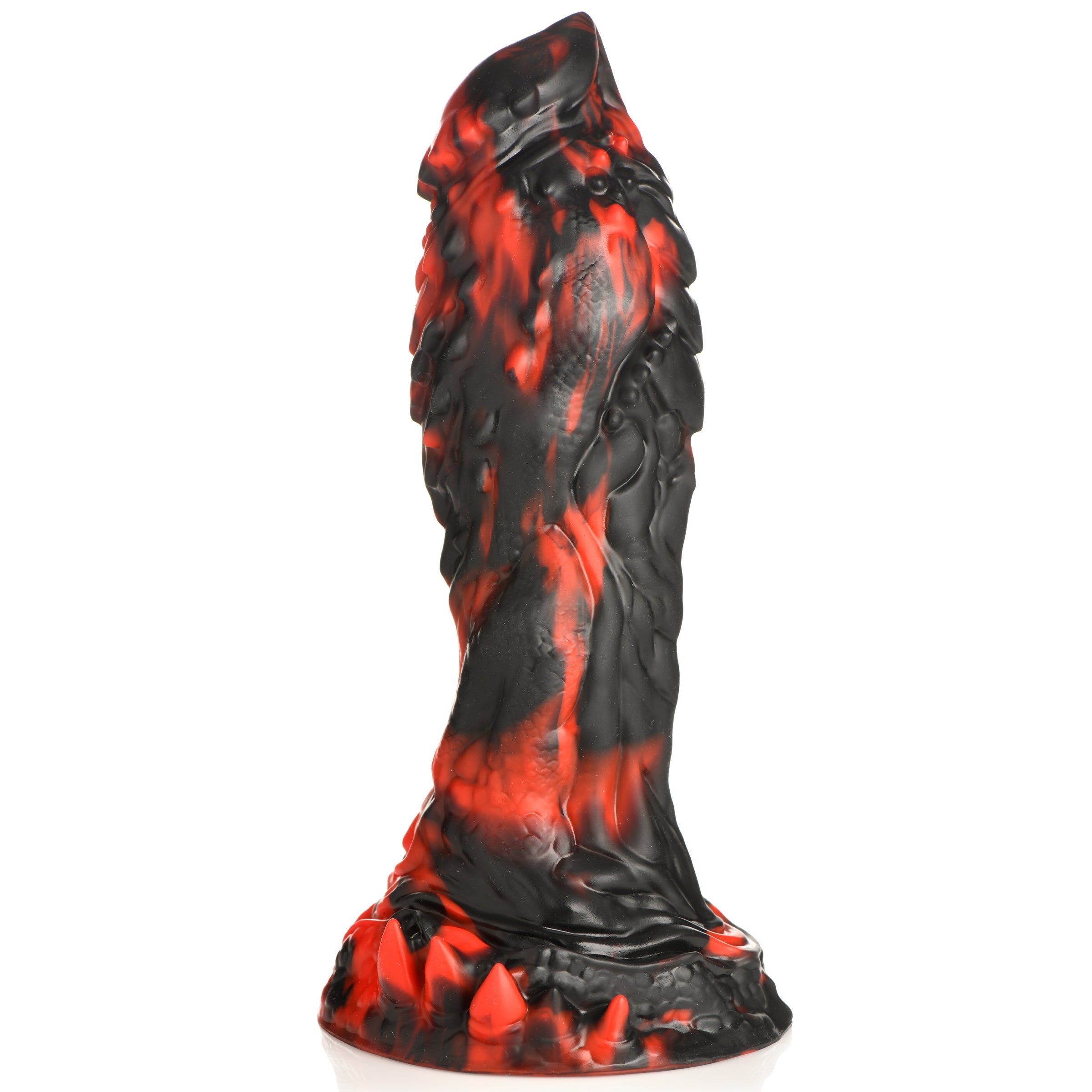 Black and red silicone dildo with flame-like design on a white backdrop