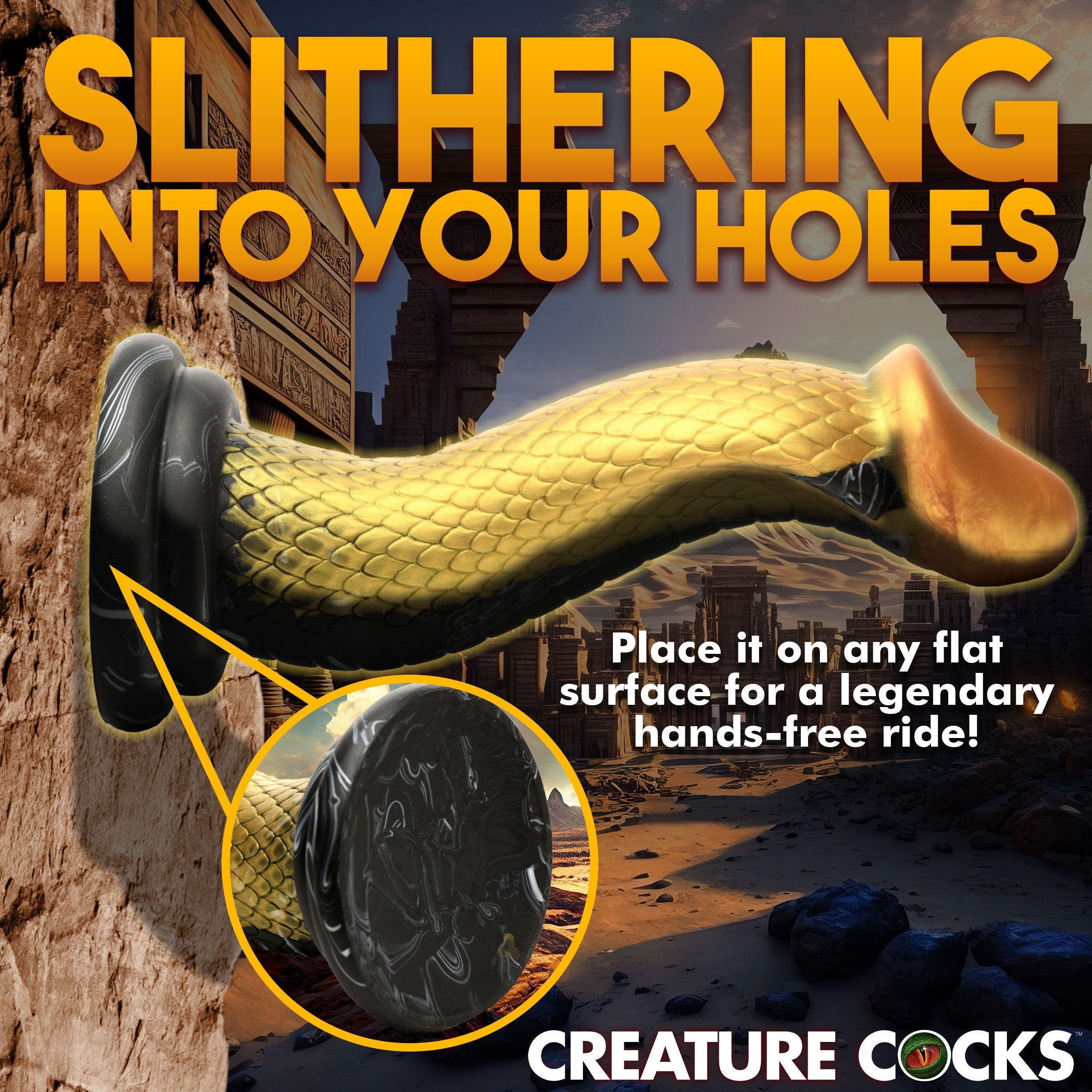 Promotional image for Golden Mamba Silicone Dildo with suggestive text