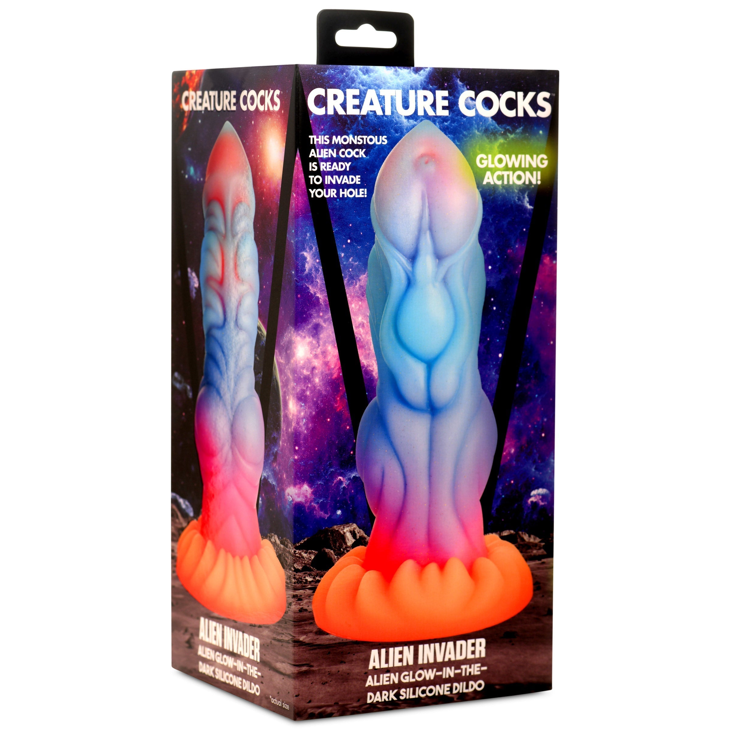 Packaging of the Alien Invader glow-in-the-dark silicone dildo