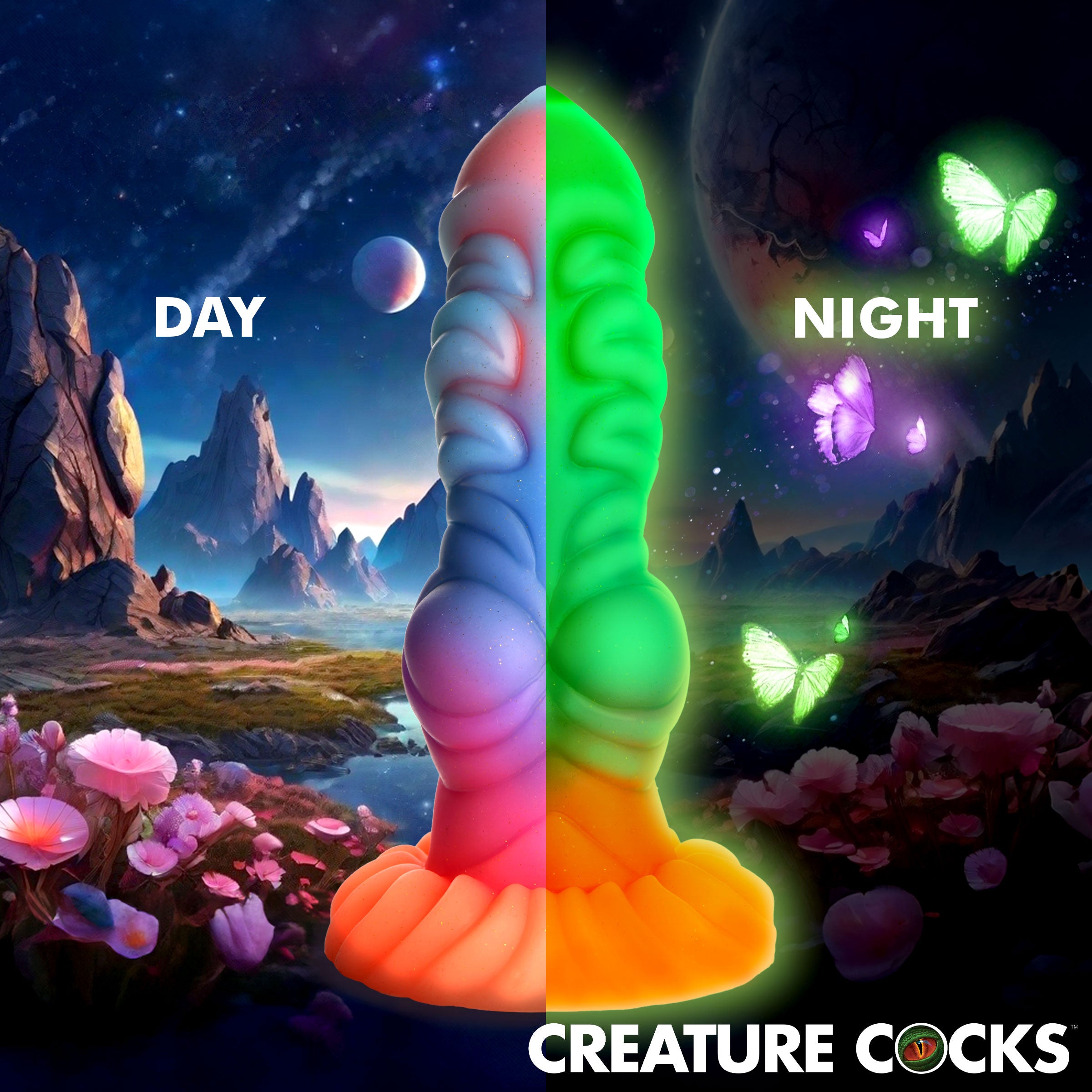 Alien Invader silicone dildo showcasing its unique day and night glow effect