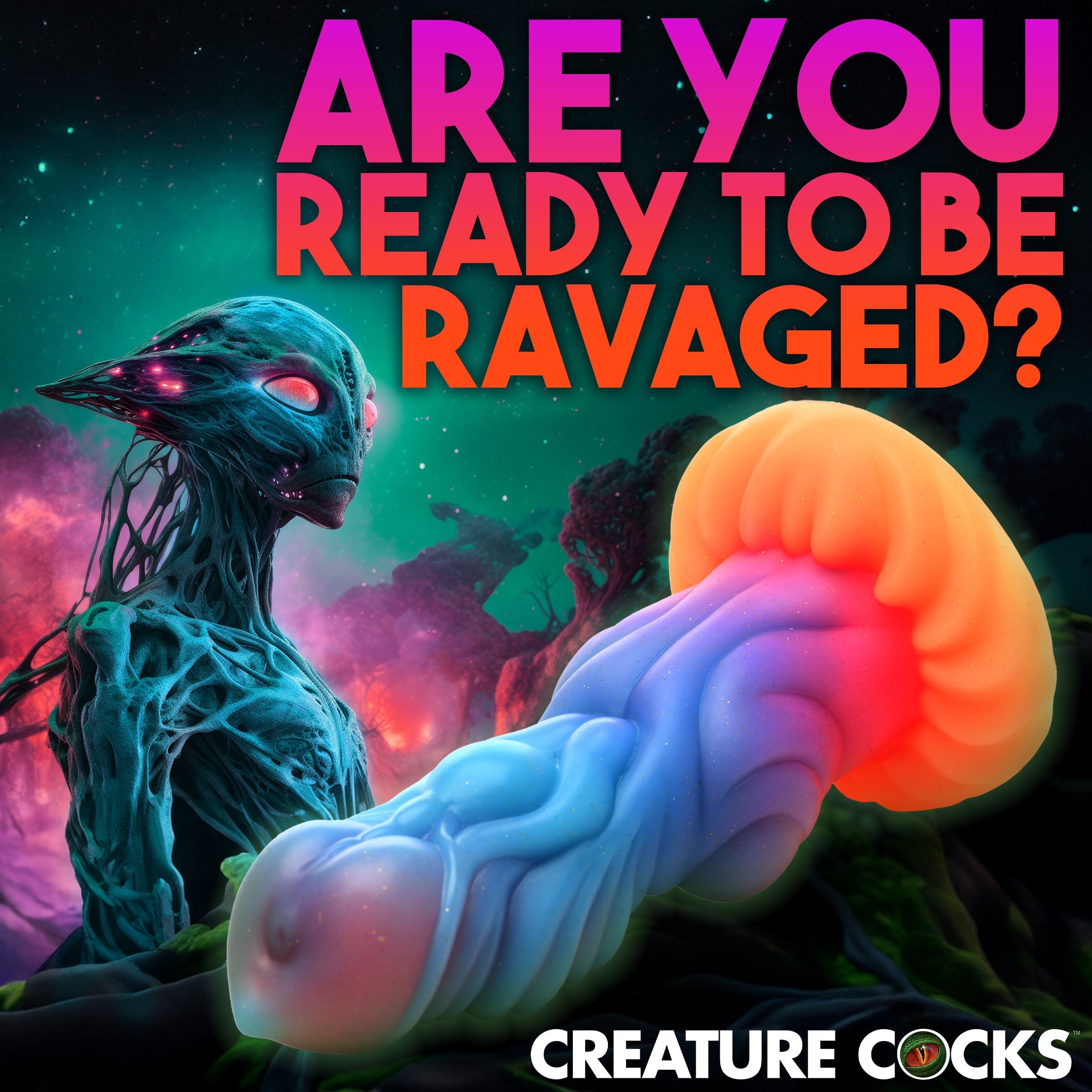 Promotional image for the Alien Invader silicone dildo with a provocative tagline