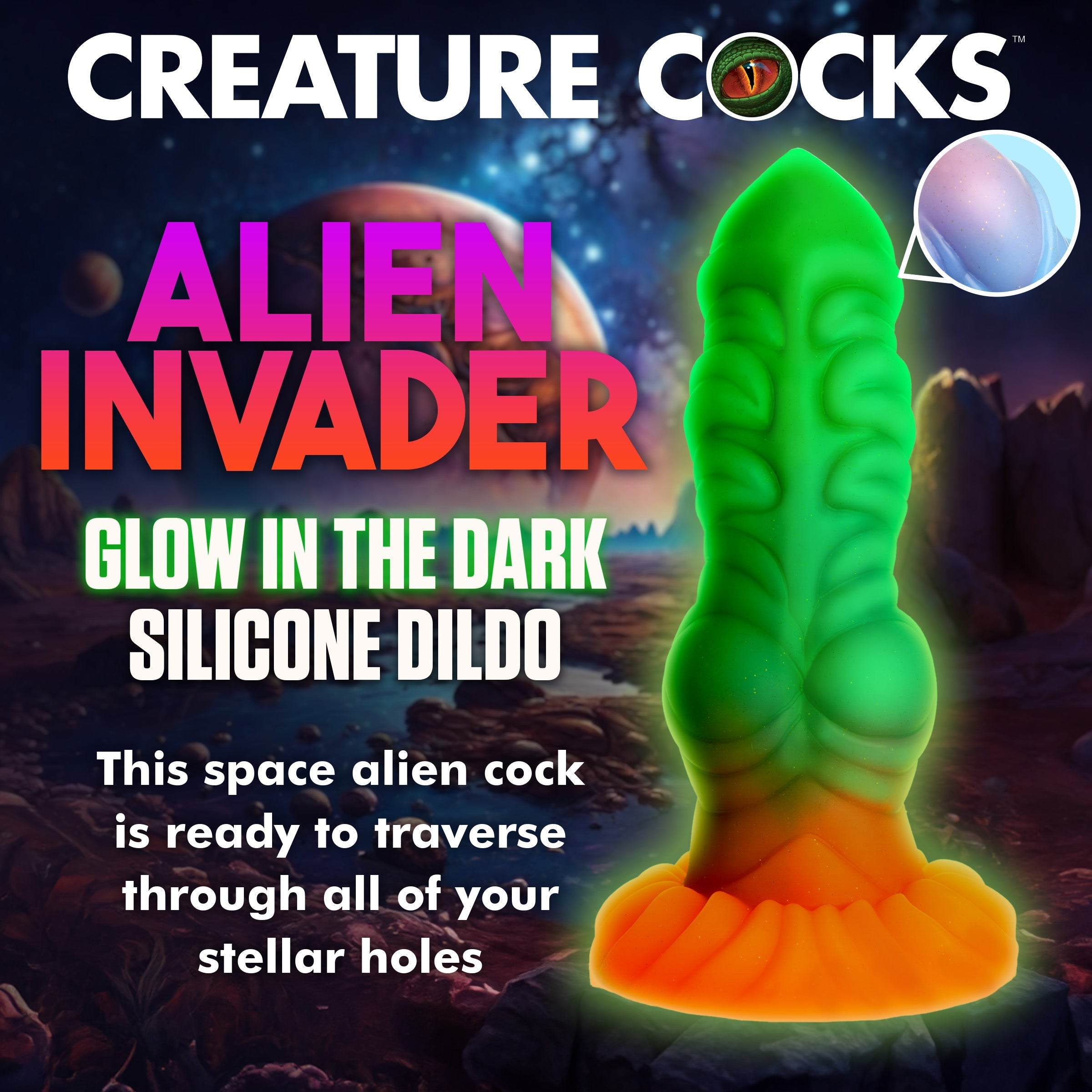 Close-up of the Alien Invader glow-in-the-dark silicone dildo's texture and material