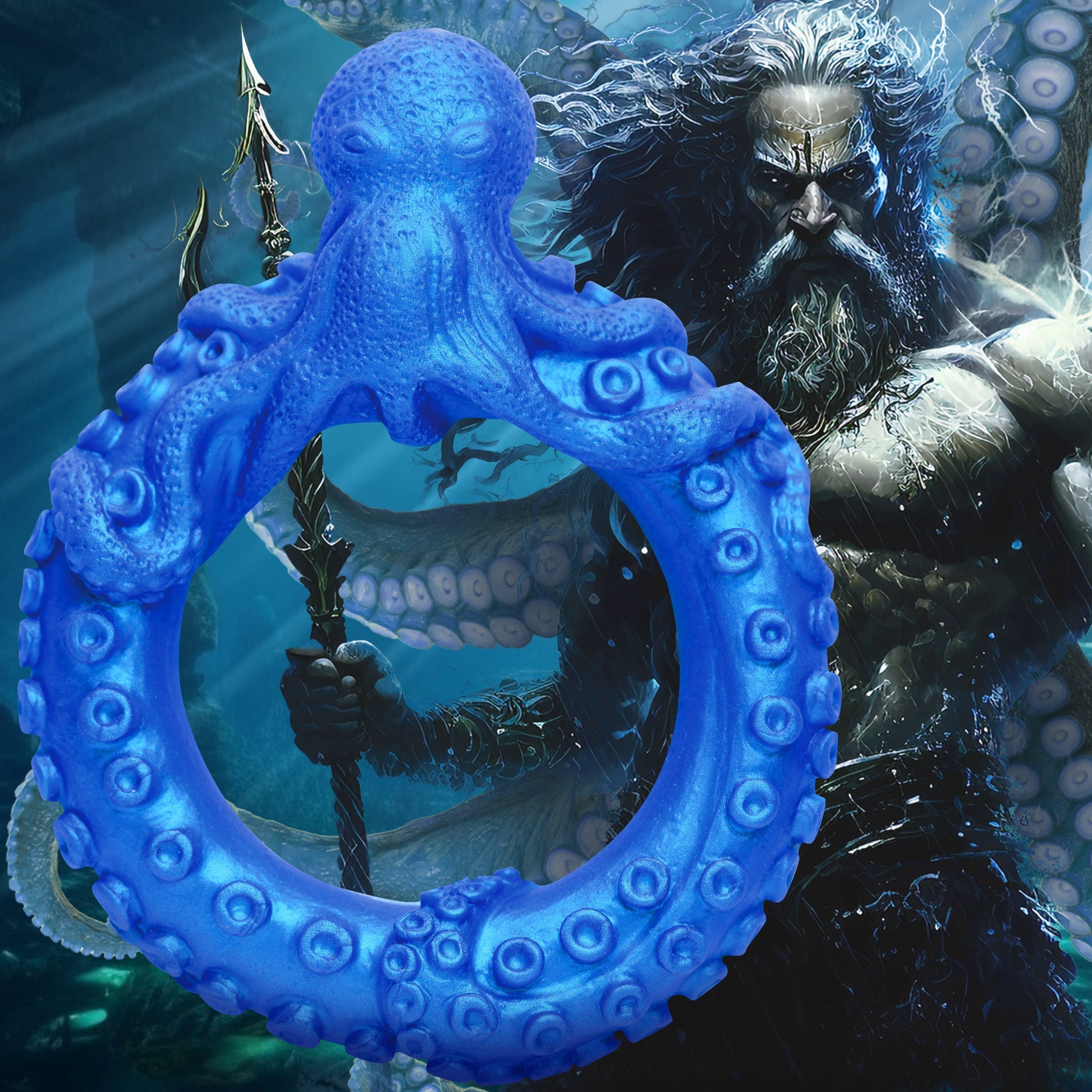 Close-up of the blue Poseidon's Octo-ring with octopus emblem